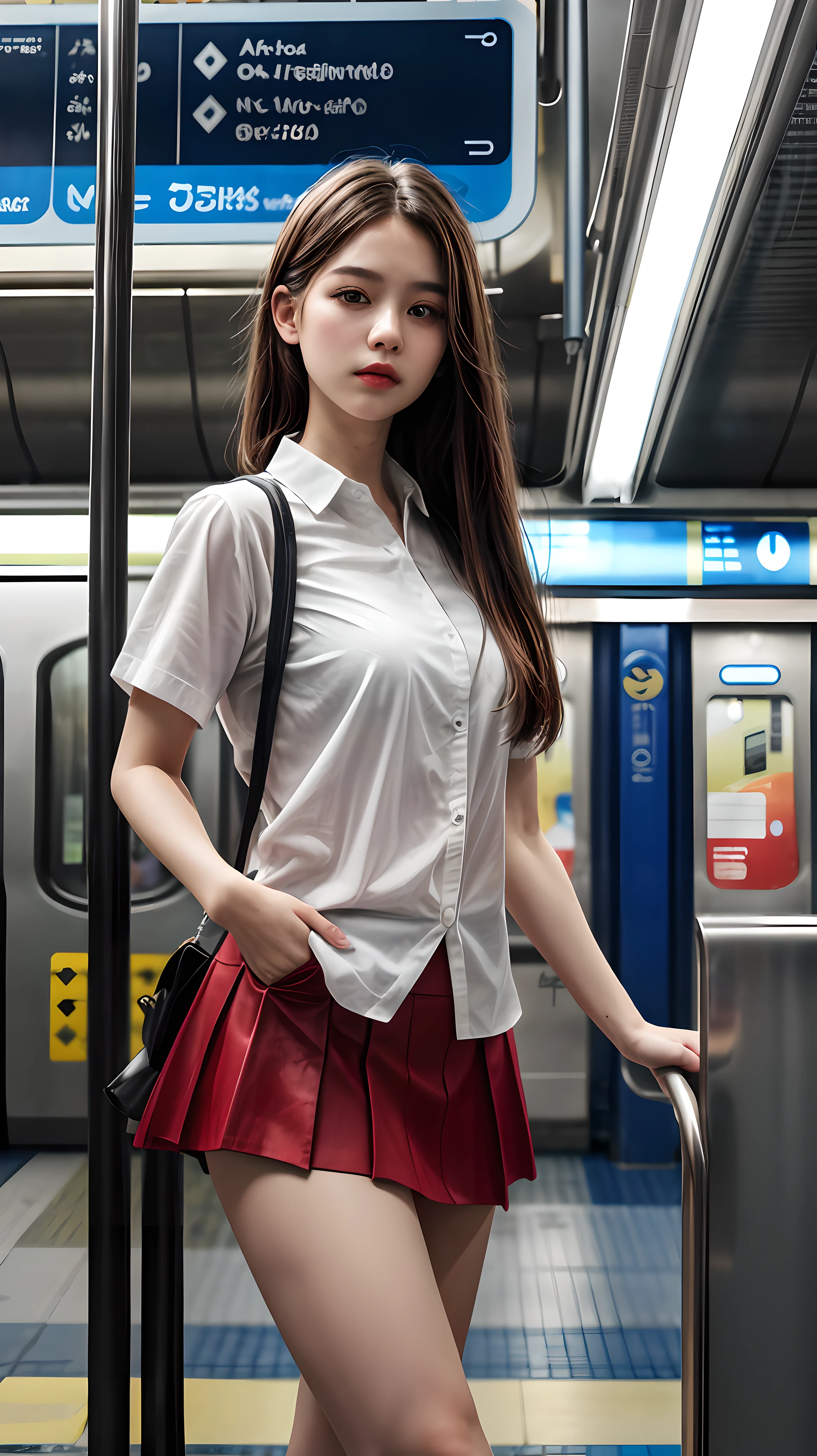 (1girl), solo, beautiful(face), looking_at_viewer, wearing(white-shirt, red-skirt), photo(medium), standing, (straight-on:1.25), background(futuristic-metro_station, blurry:1.35), (photorealistic, absurdres, best_quality),