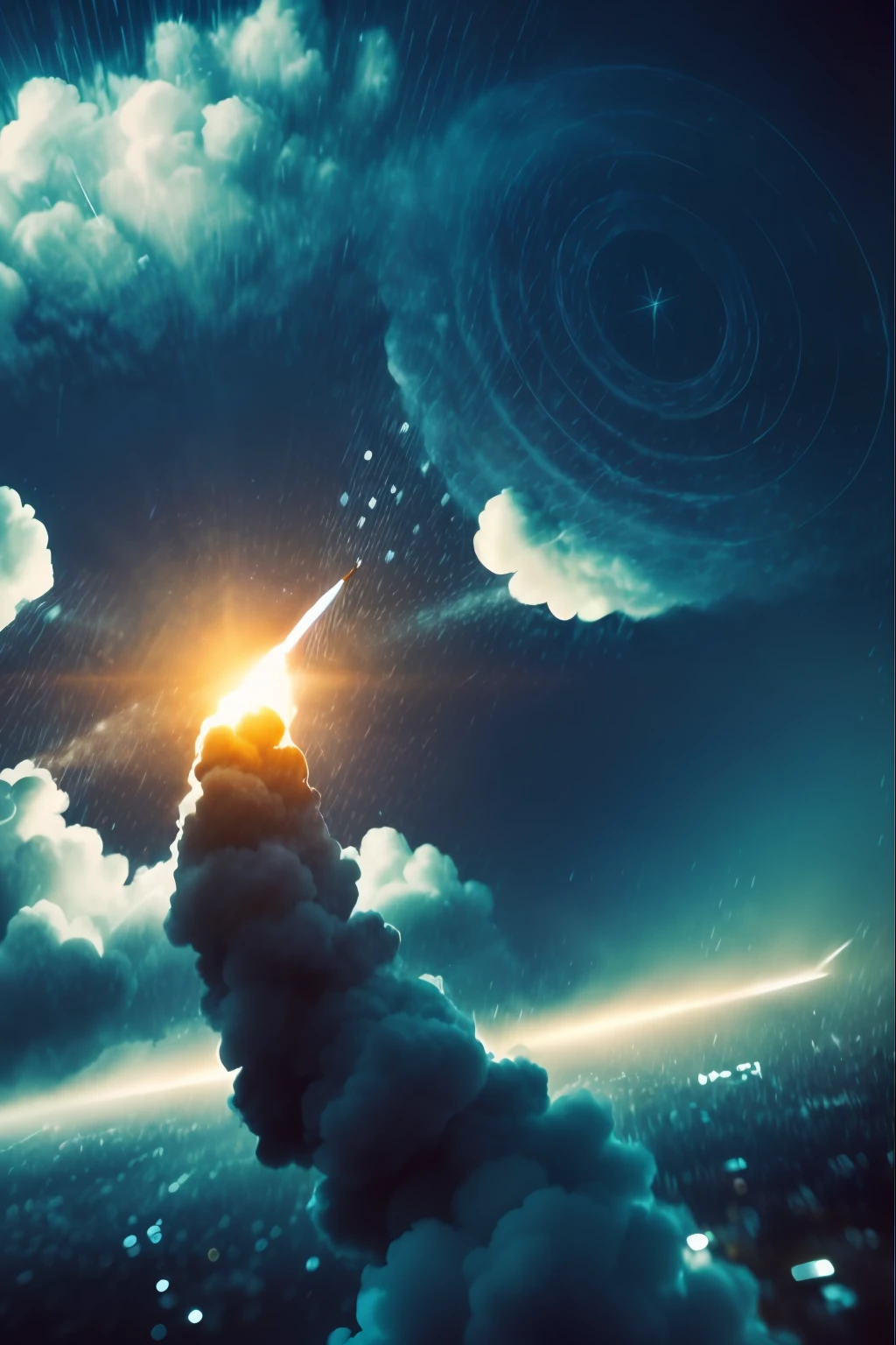 (film photo:1.3) af (Realistic:1.3),Missiles in the sky are flying towards a target formed by clouds, Bokeh, Light particles, monochrome, Highly detailed painting,(dark hues:1.3),thematic background