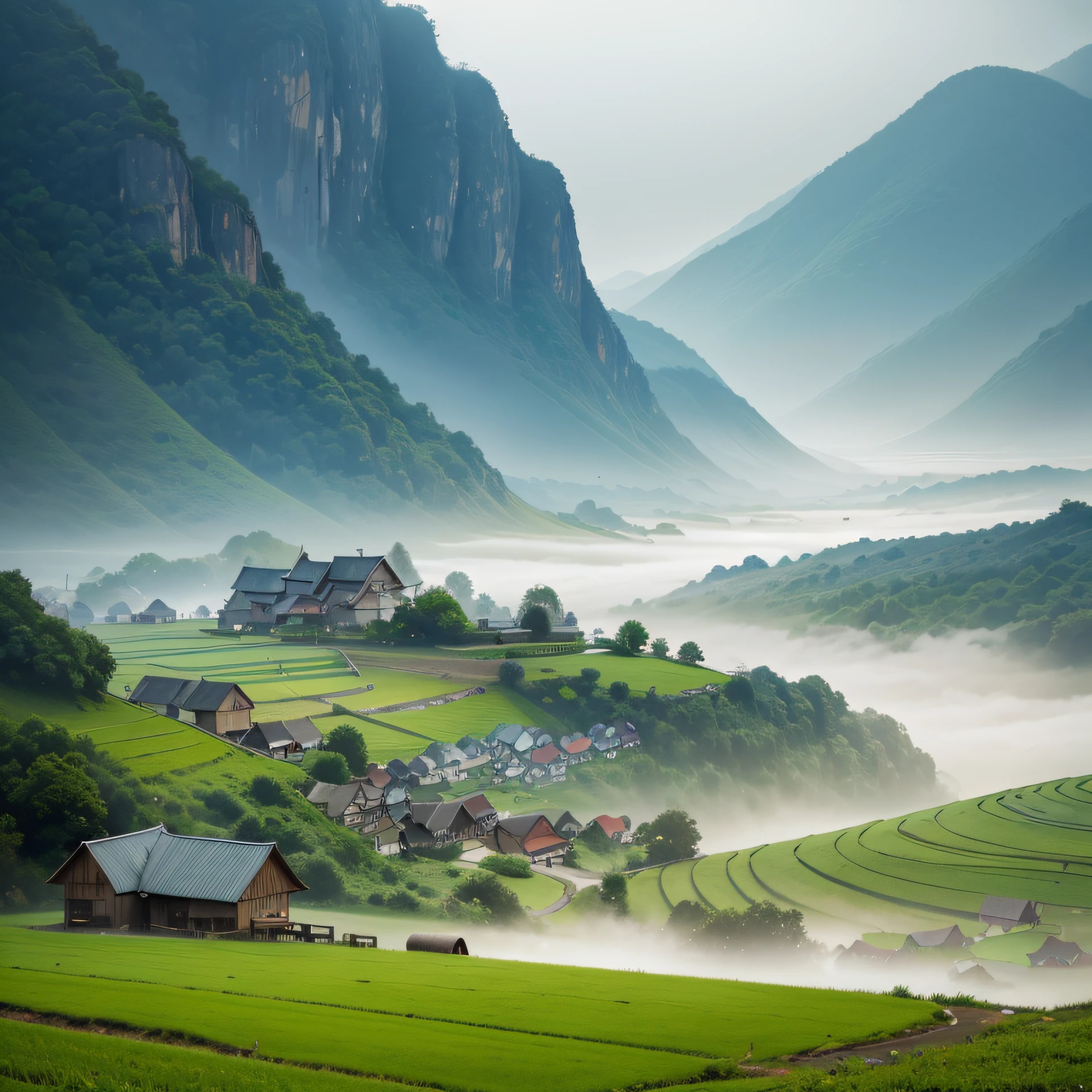 Large expanses of cornfield, mountains, huts, with corn fields, corn fields, misty rain, villages, agriculture, in the tranquil landscape, misty weather, in the vast tranquil landscape, in the early morning, in the morning mist, behind a small village, mist, vietnamese countryside, thatched roofs --auto --v 6