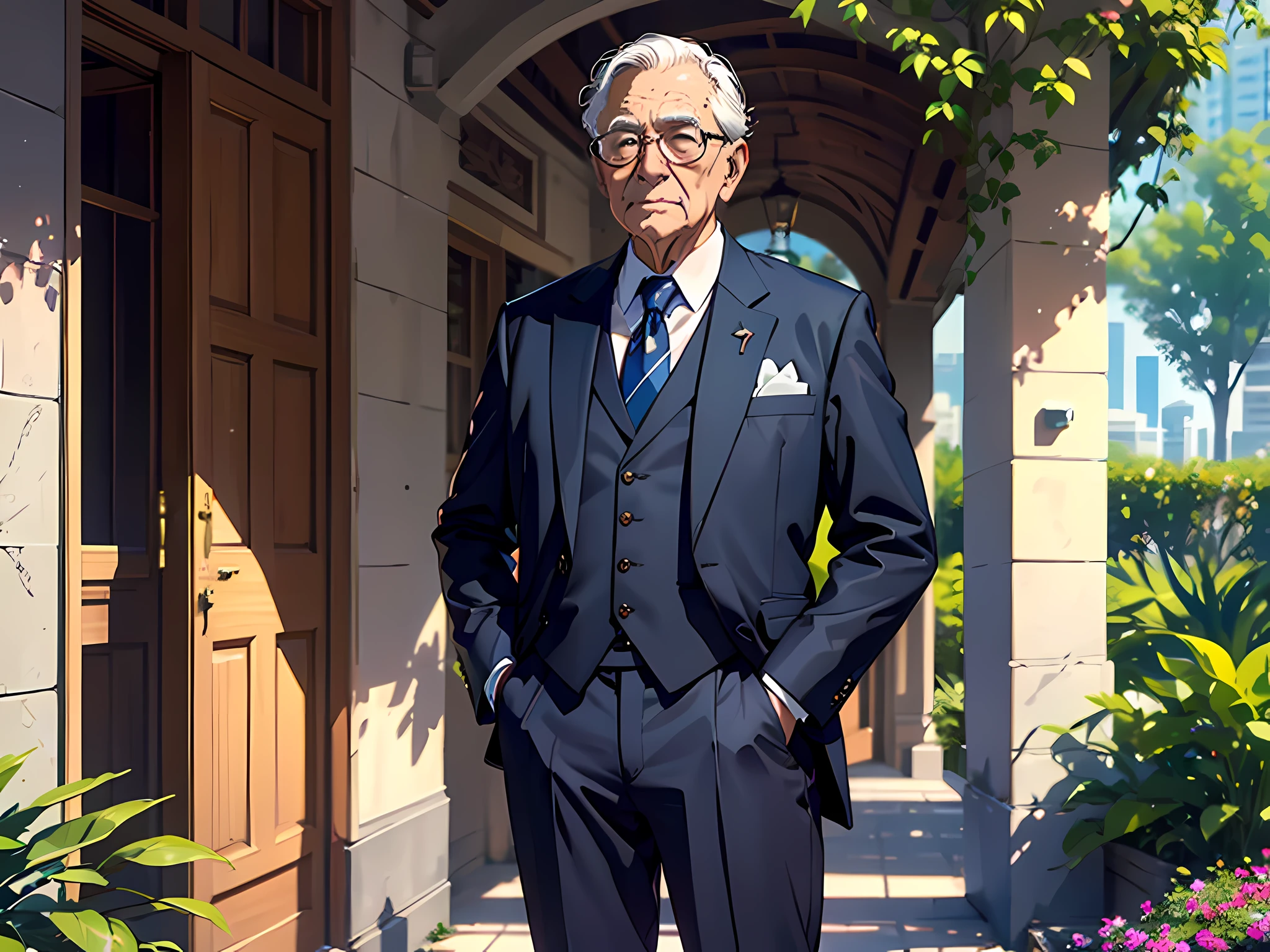 An old man with white sideburns，Dressed in a gorgeous suit，Standing solemnly and kindly in front of a spacious and luxurious villa。The villa is surrounded by lush gardens and towering skyscrapers，Show the dignity and wealth of my grandfather's status。hyper HD，tmasterpiece，high detal，high qulity，best qualtiy，A high resolution，4K分辨率，8K分辨率，16K resolution，Works of masters