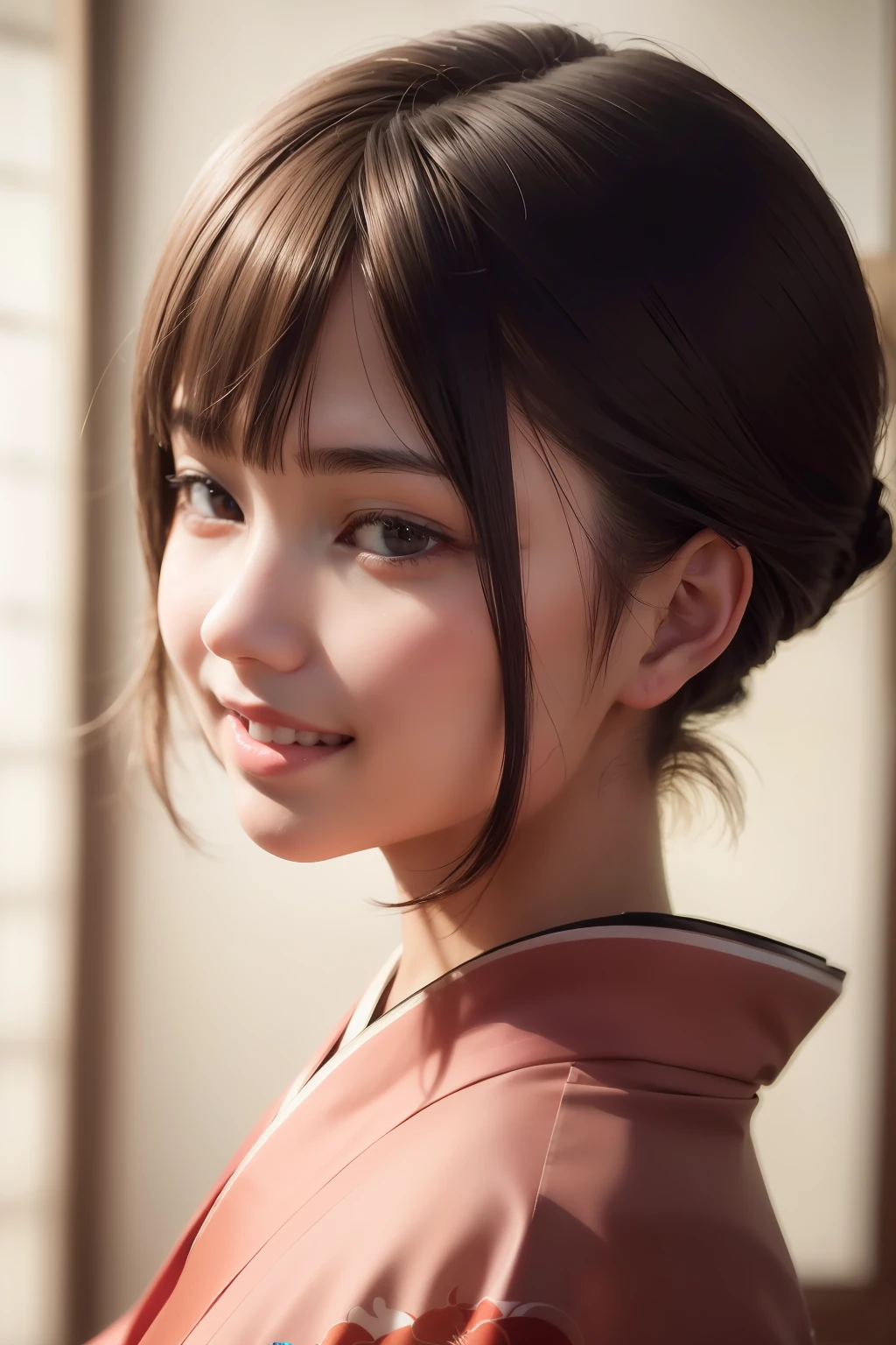 best quality, face focus, soft light, (depth of field) ,ultra high res, (photorealistic:1.4), RAW photo, (portrait:1.4) ,(from side:1.2)
1japanese girl, solo, cute, (shy, smile:1.1), (brown eyes), detailed beautiful face, (short_hair ), japanese-style room
(silk kimono:1.4)
