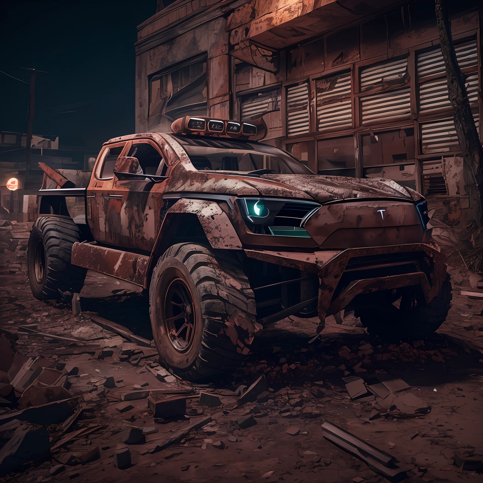 a photo of a rusty tslas (tesla cybetruck), 3/4 front view, survival, post-apocalyptic, cyberpunk, outdoors, night, destruction, urban decay, masterpiece, photorealistic, 8k, high detail, dark theme,dark green