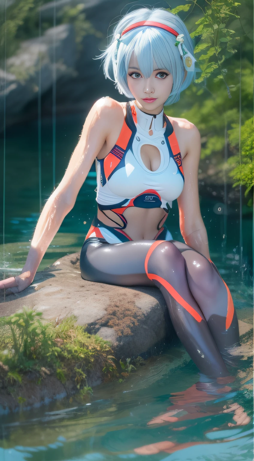 photorealisim, ((Rei Ayanami)from a(Neon Genesis Evangelion)), (Face the camera directly),(immersion in water to the depth of the calf,,), Perfect smile, Beautiful eyes, Beautiful skins, Realistic beautiful girl full body portrait, 13 years old, de pele branca, Fantastic face, beautiful look, In a sitting position, playing in the water, 8k resolution concept art portrait, Midsummer sky and Japan countryside, Pulp Adventure Style, fluid acrylic, Dynamic gradients, Vivid Color, illustratio, Highly detailed vector curves, It features a simple, Vector art, sleeoing, Character Design, 3D Shading, Cinematic, ornate pattern, elegant organic framing, Hyper-Realism, Posterized, Collection of masterpieces,bright colour, Wet gouache, Reallife Human,