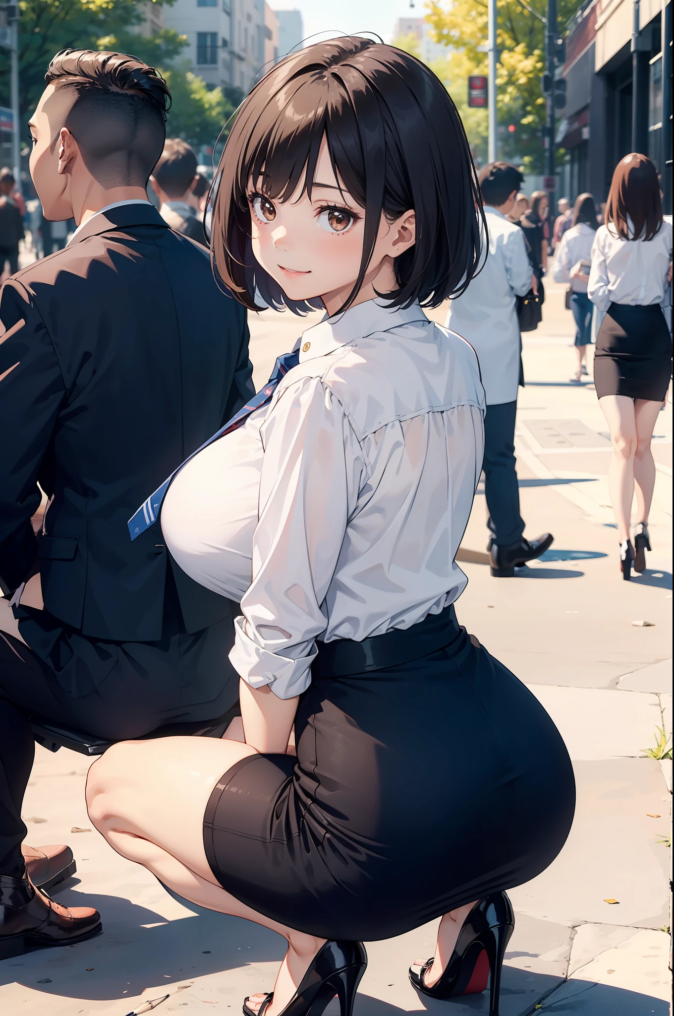 masterpiece, best quality,1girl,young girl,brown eyes,short hair,happy smile,shiny skin,(nice leg line:1.3),thin waist,huge breasts
BREAK
school uniform,necktie,((pencil skirt)),high heels
BREAK
park,crowd,depth of field,looking at viewer,squatting,from behind,upper body,legsupsexms