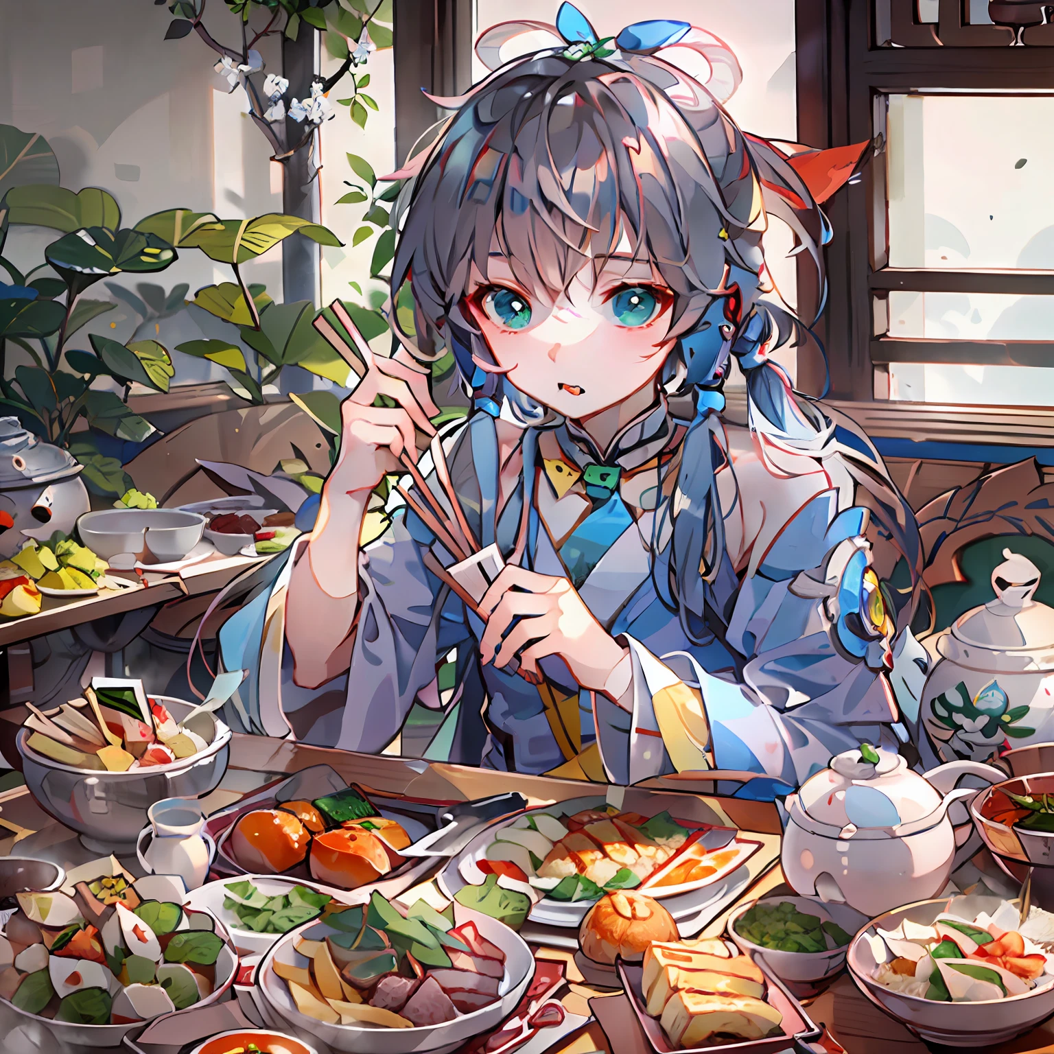 Luo Tianyi, who has recovered some vitality，Tap the chopsticks and take a bite of the vegetables，Put it in your mouth and chew a few times，He immediately put down his chopsticks，Keep staring at the camera。luotianyi