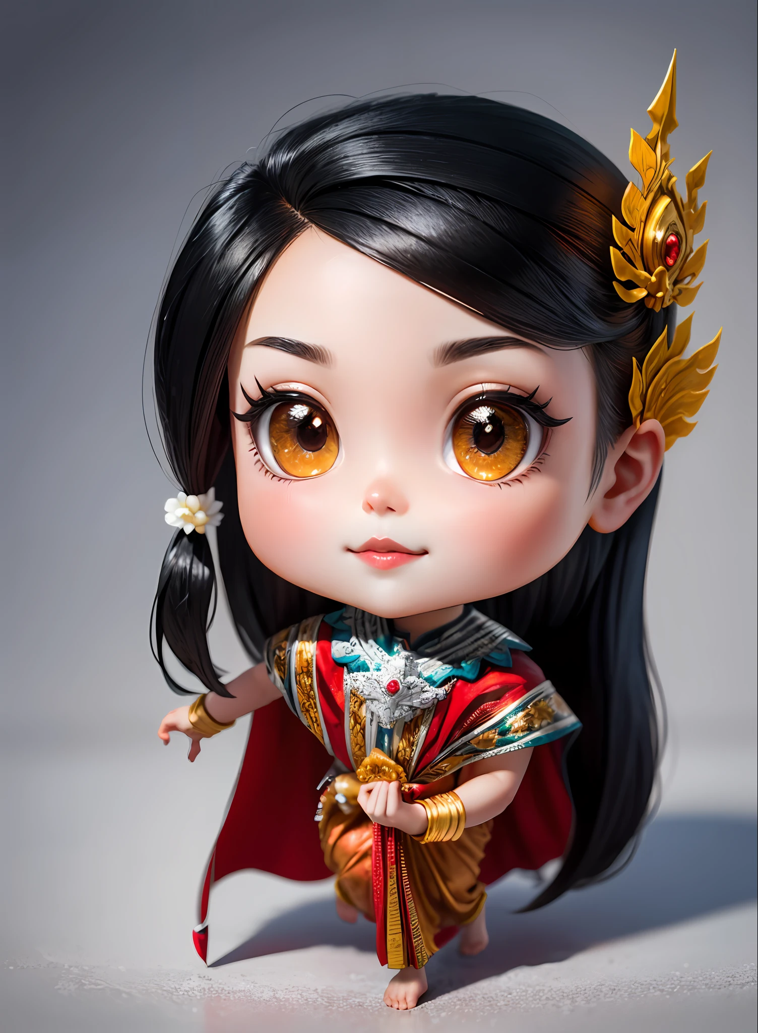 (Chibi,Cute,Small design,Long Black Hair:1.4)mix4, Complex 3d rendering beautiful porcelain female cyborg super detail, (Natural Skin Texture, Realistic face and brown eye details:1.25), roboticparts, Beautiful soft light, Rim Light, vibrant detail, luxuriouscyberpunk, hyper realisitic, Anatomical, face muscles, cable electric wires, microchips, Elegant, Beautiful background, Octane Render, 8K, Best Quality, masutepiece, Extremely delicate and beautiful, Unity, Wallpaper, (Realistic, Photorealsitic:1.2), amazing, finely detail, Best Quality, Official art, Very detailed 8k wallpaper, absurderes, unbelievable Ridiculous, droid, Silver Halmet, Full body, android, Metal lace, Fluffy black short hair, (cleavage, Noble lady:0.8), Darkness Nanseda Thai Royal Dancer,red cape, HE Address Golden