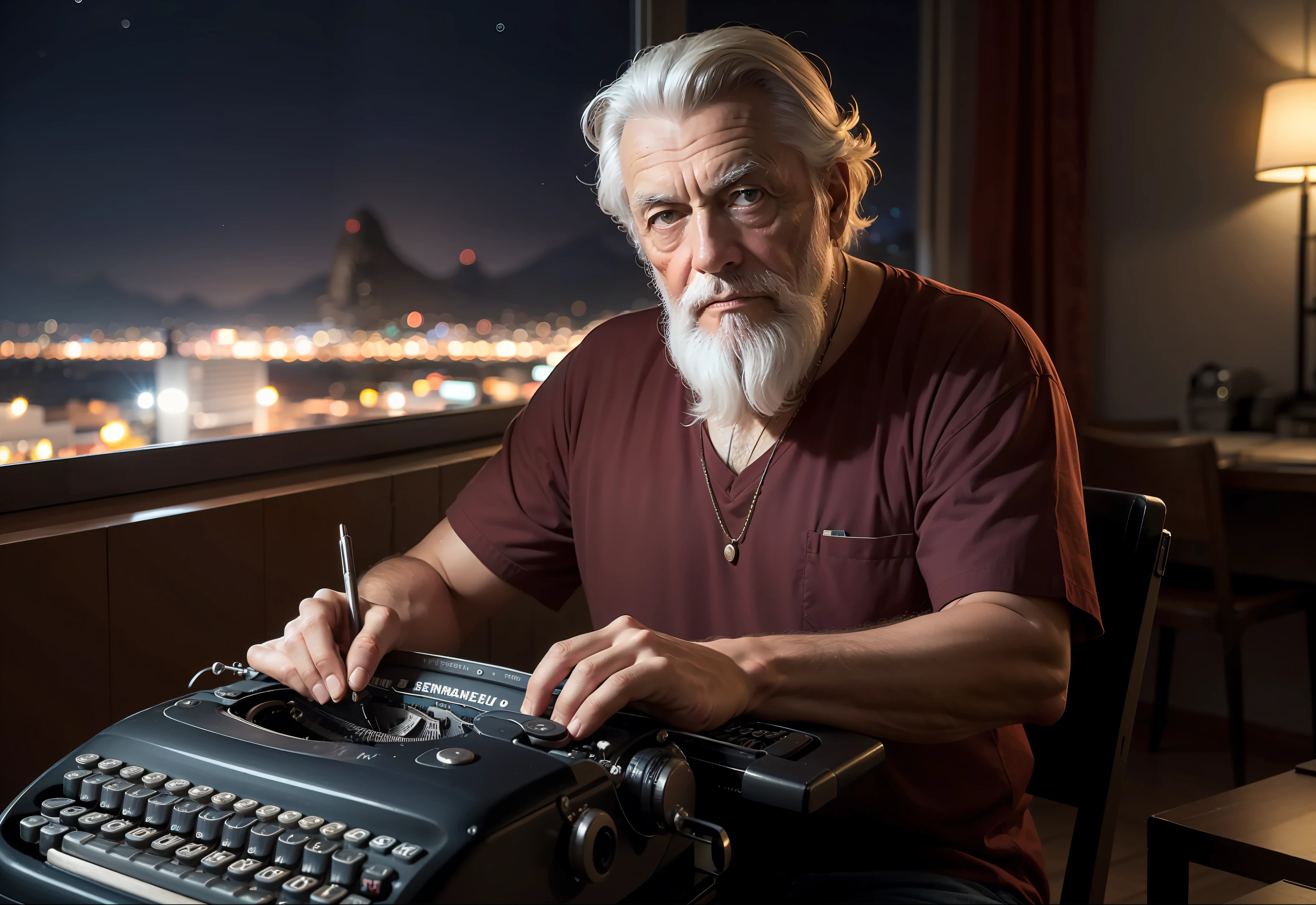 Homem velho, cabelos e barba brancos, serious expression writing on his typewriter looking at the camera, sentado na varanda de sua casa, In the background as the Sugar Loaf, rio de janeiro, Noite escura, contemporary style, Front view, maximum detailed, alta qualidade