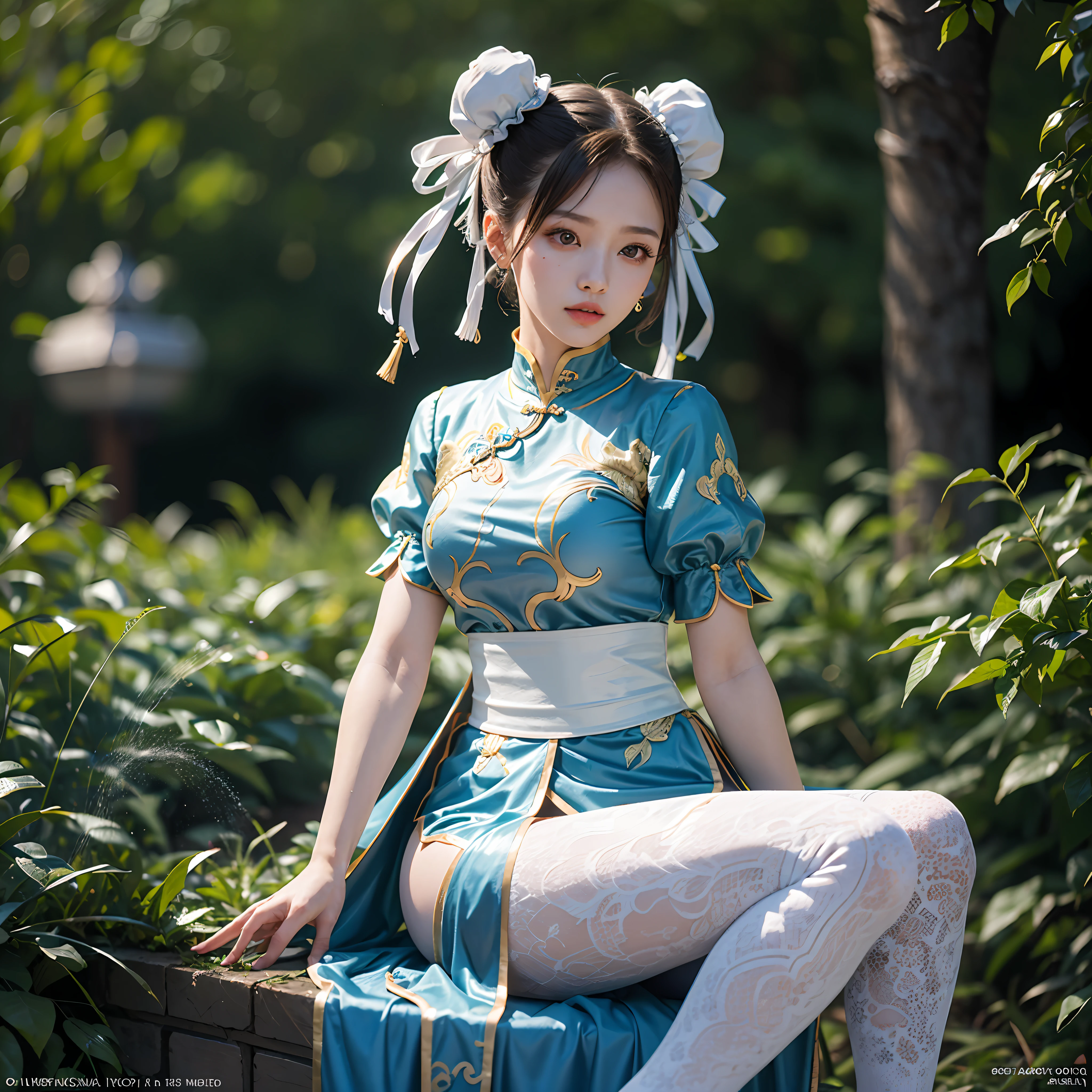 1girl, sf2 chun, 25 years old girl, brown hair, wide hips, medium breasts, muscular female, perfect brown eyes with white sclera, chinese clothing, blue dress, double bun, pelvic curtain, pantyhose, bun cover, puffy short sleeves, sash, white footwear, (blue dress:1.2), (ultra detailed), (8k, intricate), (85mm), light particles, lighting, full body, in a chinesse garden, (highly detailed:1.2), breast focus, (detailed face:0,8), (gradients), sfw, colorful, (detailed eyes:1.5), (detailed background), (rule of third_composition:1.3), (Line of action:1.2), daylight, solo.