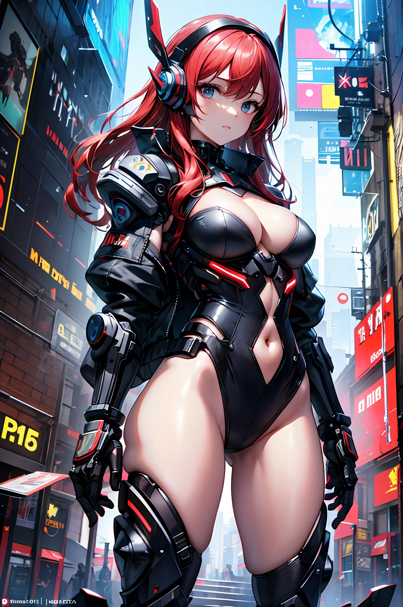 Top quality, masterpiece, ultra-detailed, accurate depiction, highly detailed 8k wallpaper, beautiful mechanical girl, solo, (long red hair), (sleeveless exoskeleton suit: 1.1), (mechanical legs), (perfect 5fingers, 4fingers and 1thumb), (half undress Jacket), techpunkmask, (dynamic angle), (flat_chest, cleavage, wide hips), Cyberpunk City,