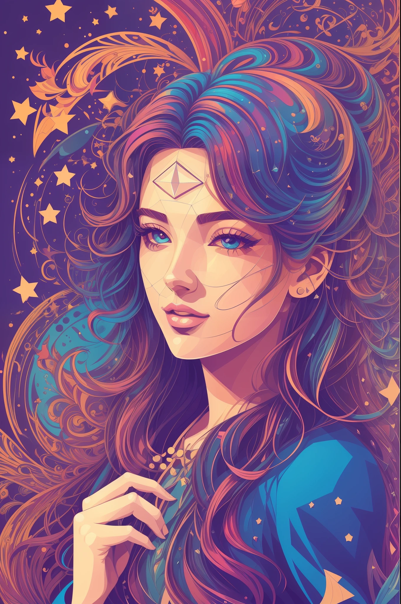 Heterodimensional space，Dream linkage。Geometric polygons，Geometric facial features，points，ligne，faceted。Geometric illustration，A woman with long hair and a blue face surrounded by swirls, Reach out and touch the heterodimensional space。Technical personnel，Technical concept。Beautiful art UHD 4 K, gorgeous digital art, 4K detailed digital art, A beautiful artwork illustration, beautiful digital art, Colorful illustration, stunning digital illustration, Beautiful digital artwork, vibrant digital painting, 4k highly detailed digital art, multicolored vector art, Beautiful digital illustration