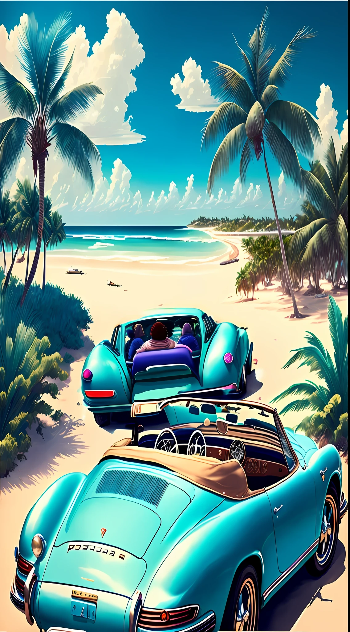 Un suel volant plus gros, conducteur de type afro americain, jolies femmes a l'interieur de la voiture. une seule voiture, roule le long d'une baie, avec de palmiers autour, ambiance cote d'azur... Couleur un peu plus pourpre, violet!