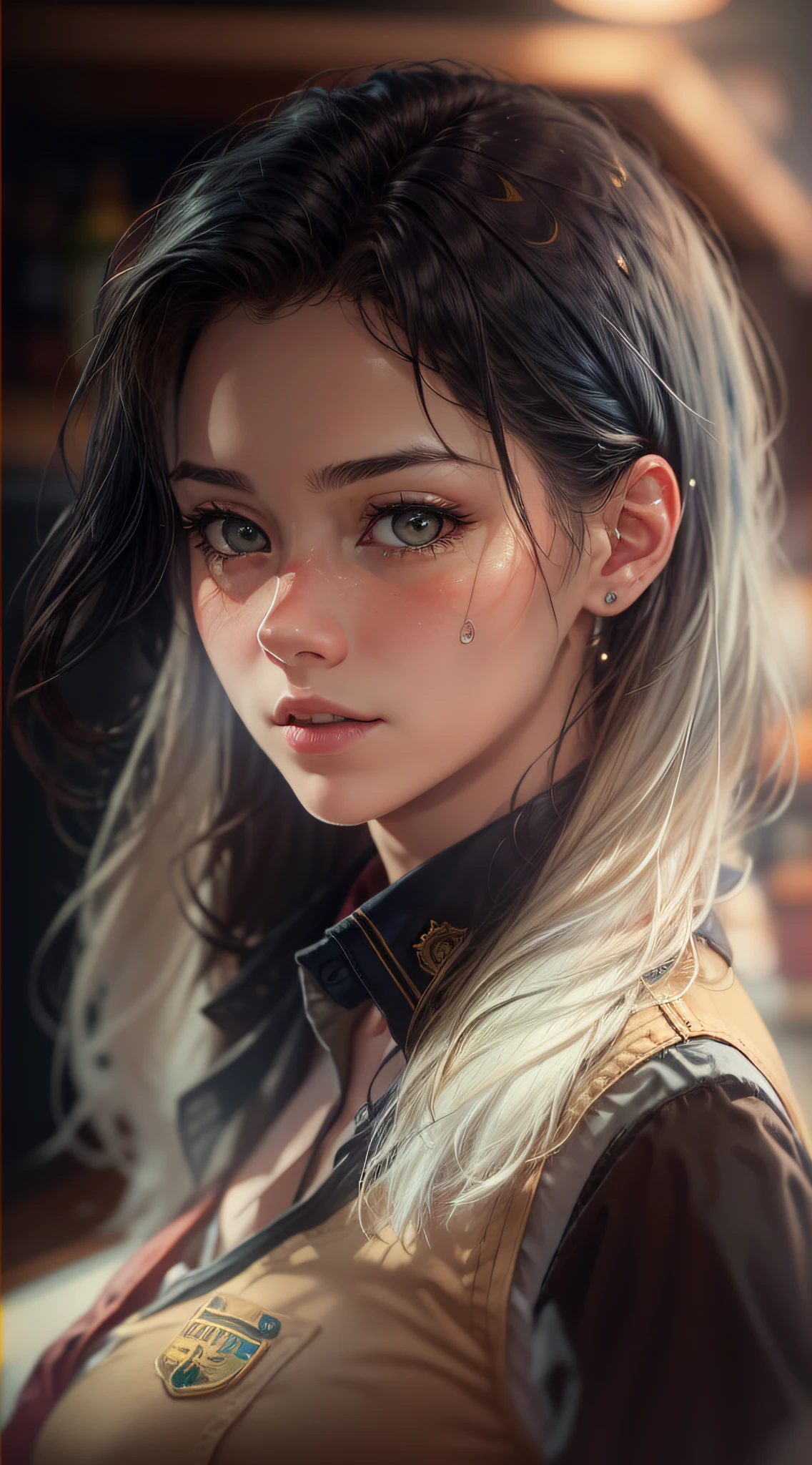 Cinematic portrait photography、Dark theme、octan render、8K、lifelike textures、1girl in、30-years old、A MILF, Calm、Calm、(Eye for realistic details、Realistic skin texture、Realistic face details)、Soft dramatic lighting、depth of fields、bokeh dof、vibrant detail、finely detail、Surreal、100mm film、Hazy blur、filmg、a blond、verd s eyes、Cowgirl costume, cowboy boots, fringe trim, vests, Tied shirt, Midriff, holster, bandana, Sheriff Badge, Glass on the counter, a bar counter, Wooden wall, poster for