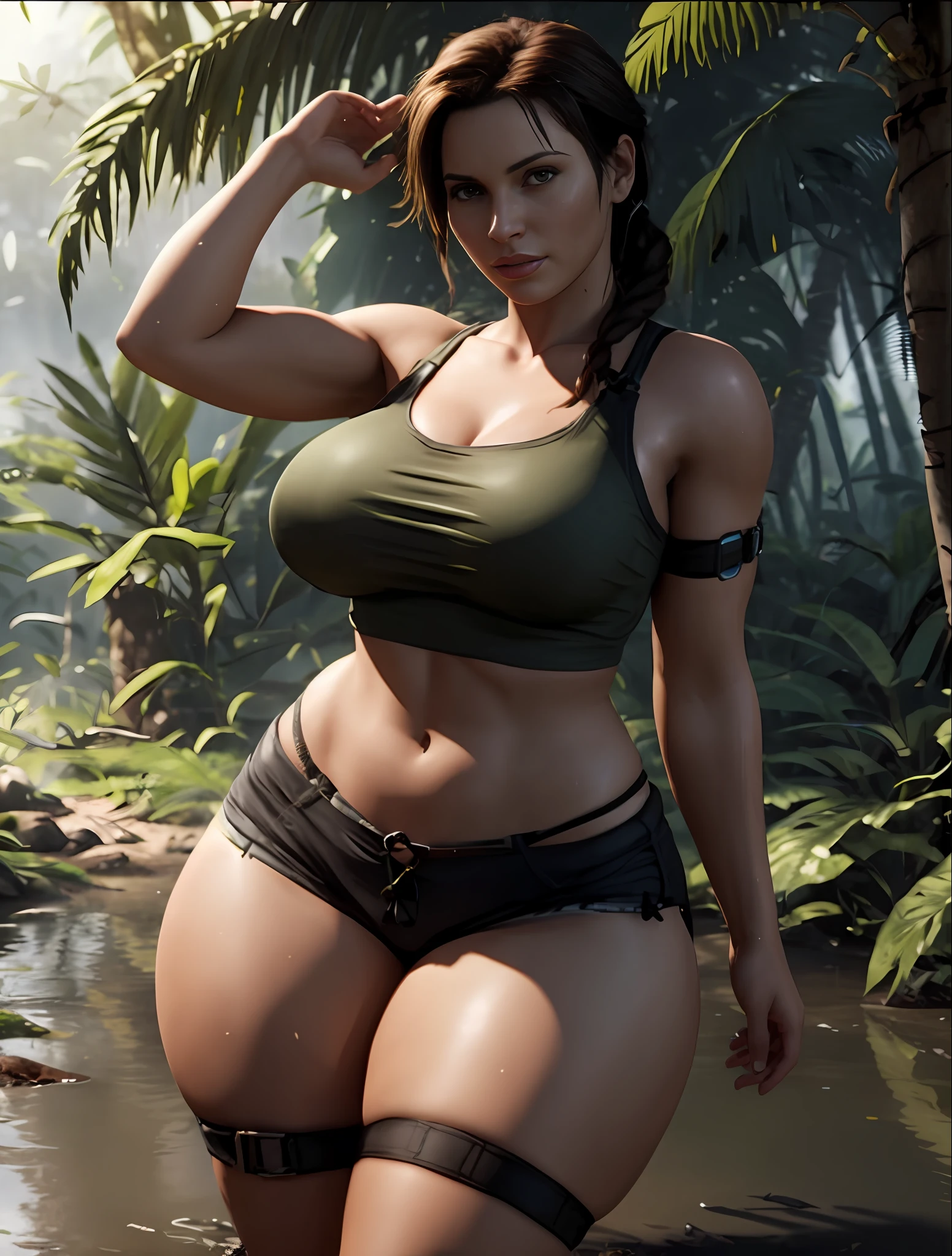 Close up portrait of woman in bikini posing in jungle, muscular sweat lara croft, Chic, Thick jungle, thick body, gorgeous jungle ranger, in jungle, thicc build, beautiful thick female, in the jungle, character is in her natural pose, Photorealistic perfect body, lara croft relaxing, perfectly shaded body, in a jungle environment, lara croft relaxing