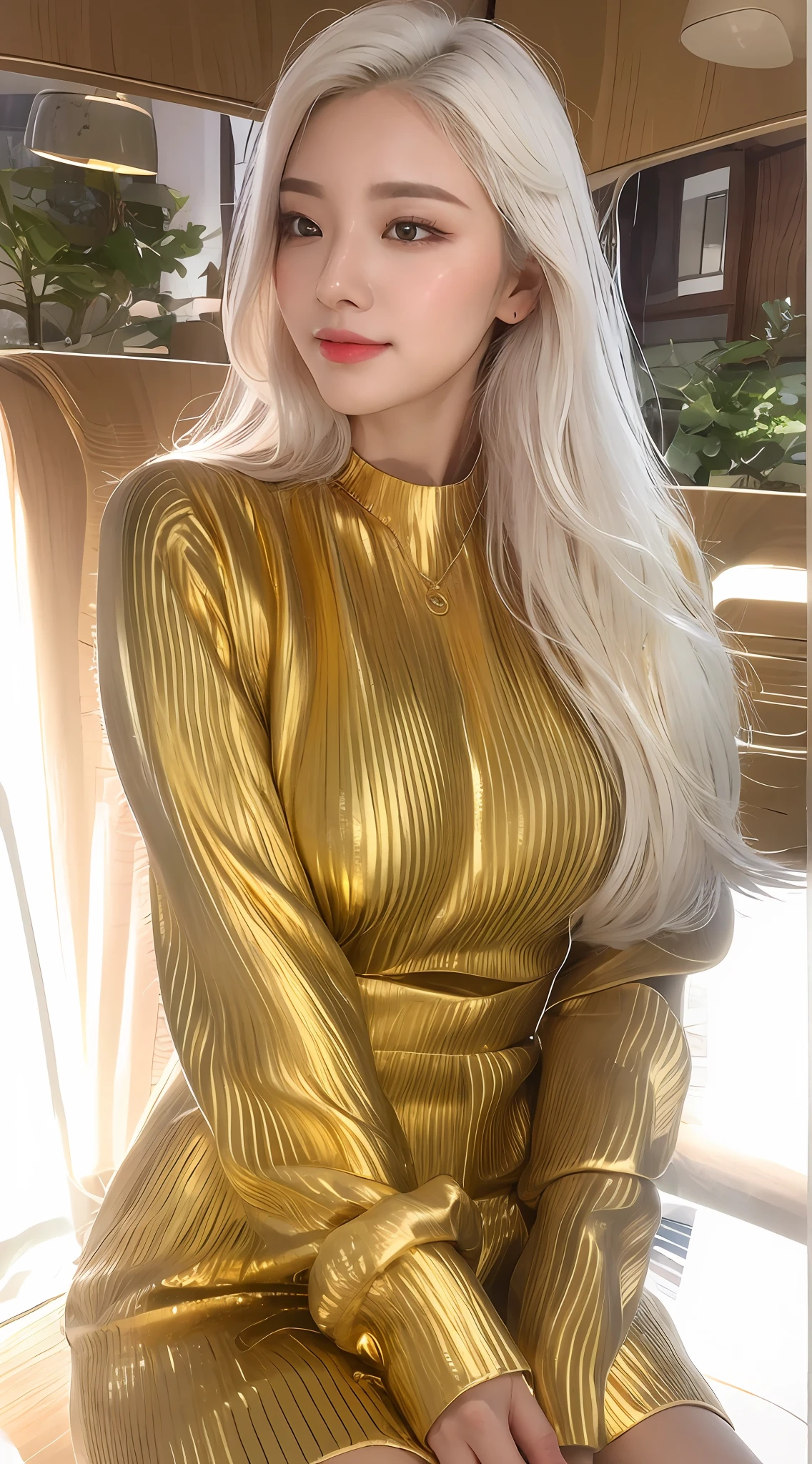 best quality, masterpiece,white hair, gold eyes,white clothes, looking up, upper body,hair strand,Fair skin,side braids