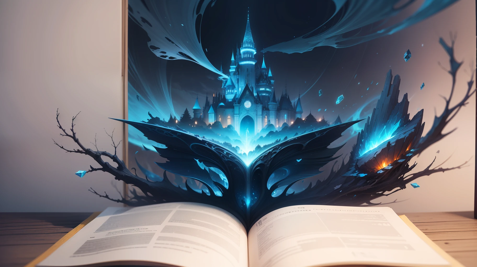 Magic Book,Blood,Night, Dark, (Fantasy),infinite,deep blue sky,The abyss of knowledge、Imaginary Crystal Castle、Super delicate CG Unity 32k wallpaper、​masterpiece, ((ultra-detailliert)), ((illustratio)),colourfull,wall-paper,The energy,Unknown terror,Incomprehensible,Around the magic,Magical surroundings,magic wands,Boken,Flying pages,Know everything,Predict the future、Get to know the past、Infinite wisdom、blue flames