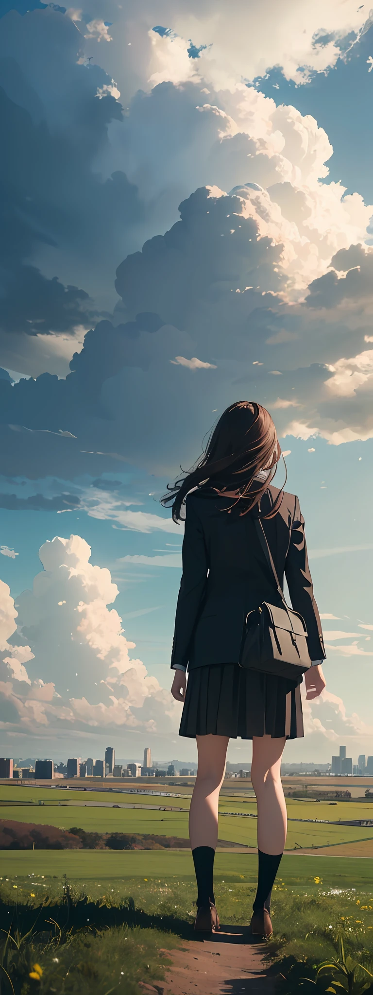 Vast landscape photo, girl standing up at the sky, suit, clouds, buildings, countryside,