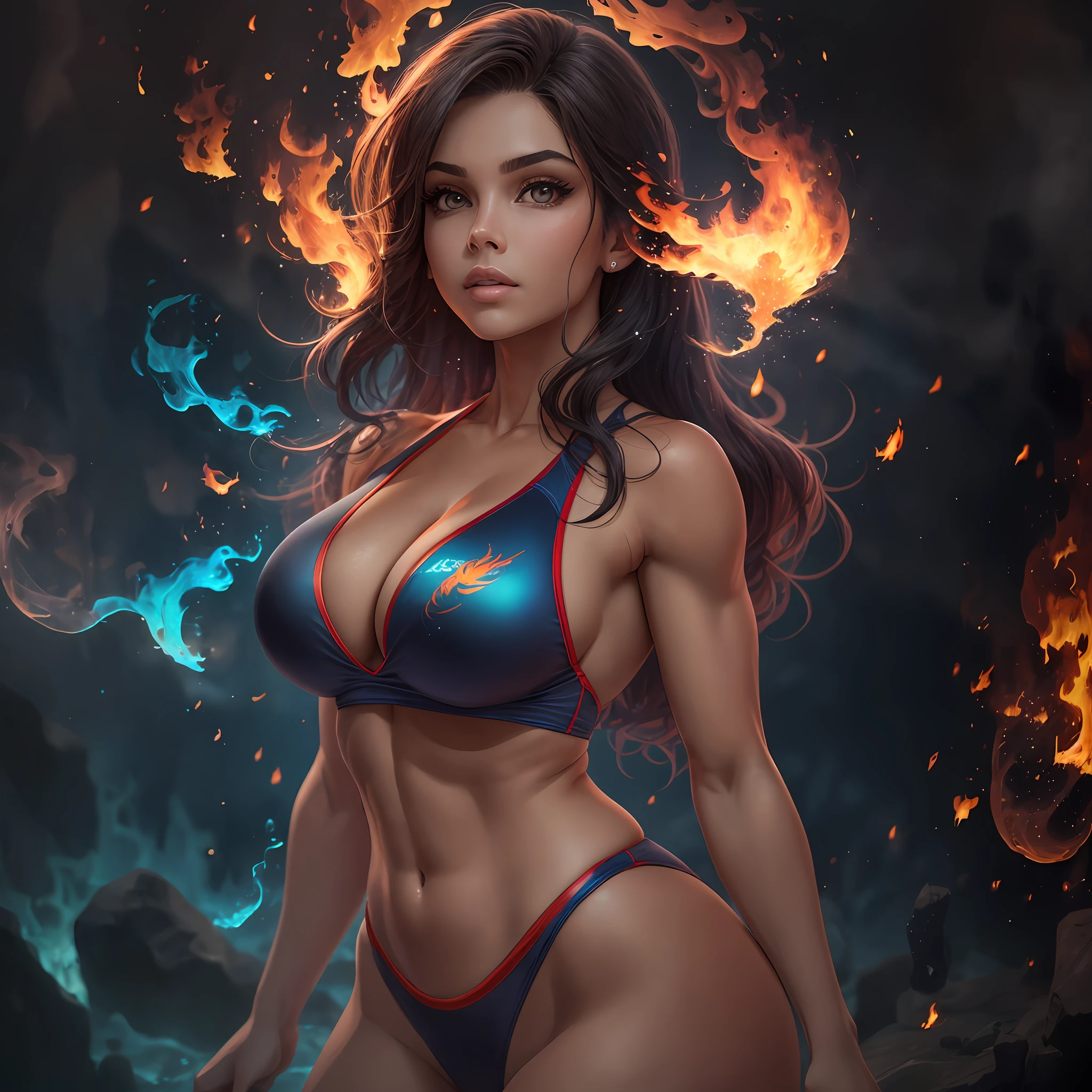 Phoenix woman, Com asas de fogo, Olhos vermelhos flamejantes, Cabelo alaranjado, Pele Clara, Pose sensual, Corpo inteiro, Boca carnuda, Olhos grandes, Wearing a swimsuit With flame designs, Hiper realista, Foto realista, obra prima, 8K, HDR, Corpo com curvas, defined muscles, corpo realista, Cores vibrantes --auto --s2
