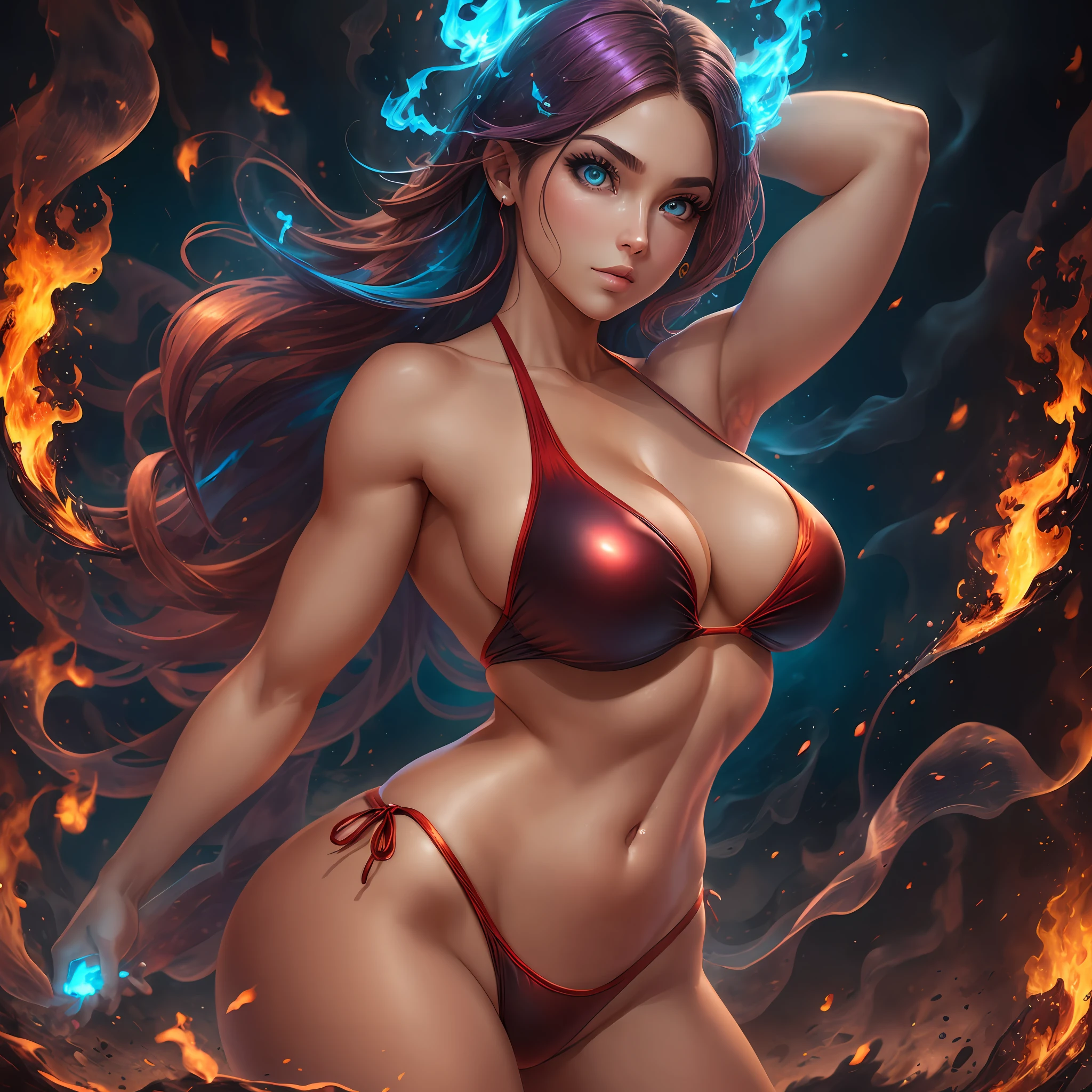 Phoenix woman, Com asas de fogo, Olhos vermelhos flamejantes, Cabelo alaranjado, Pele Clara, Pose sensual, Corpo inteiro, Boca carnuda, Olhos grandes, Wearing a swimsuit With flame designs, Hiper realista, Foto realista, obra prima, 8K, HDR, Corpo com curvas, defined muscles, corpo realista, Cores vibrantes --auto --s2