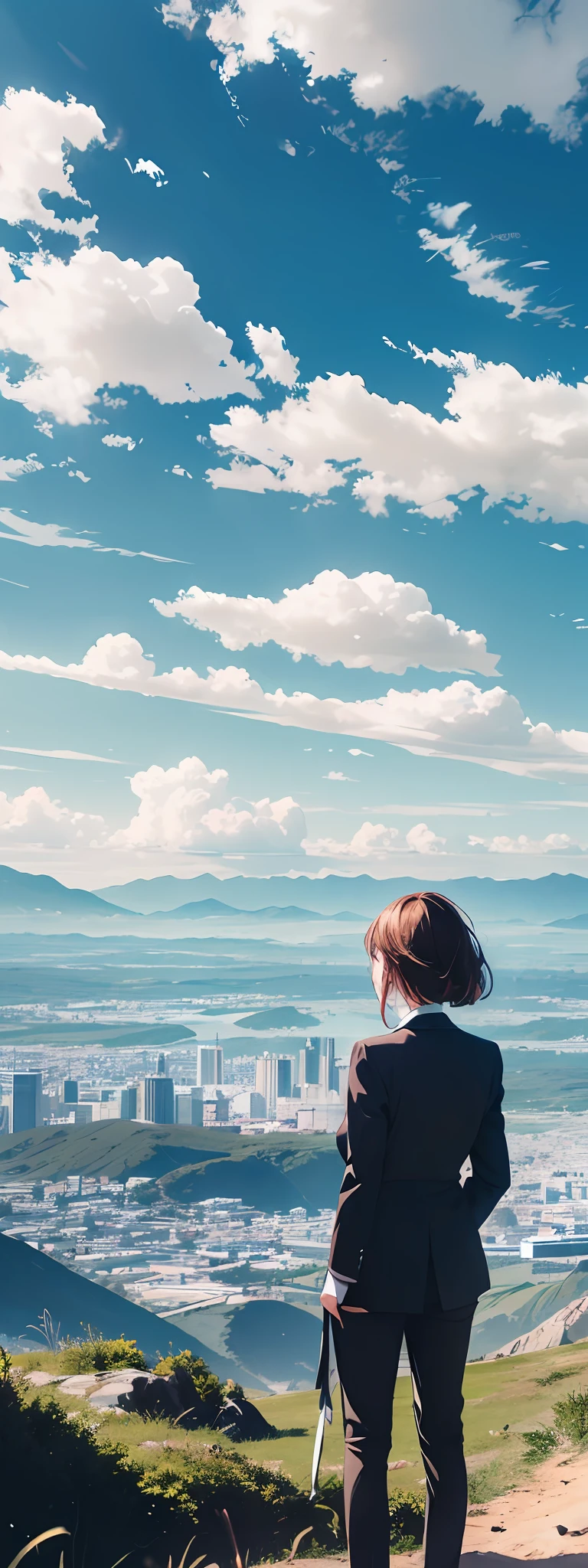 vast landscape photo, girl standing at the top of a mountain and looking up at the sky, suit, sky, clouds, buildings, city, city, city,