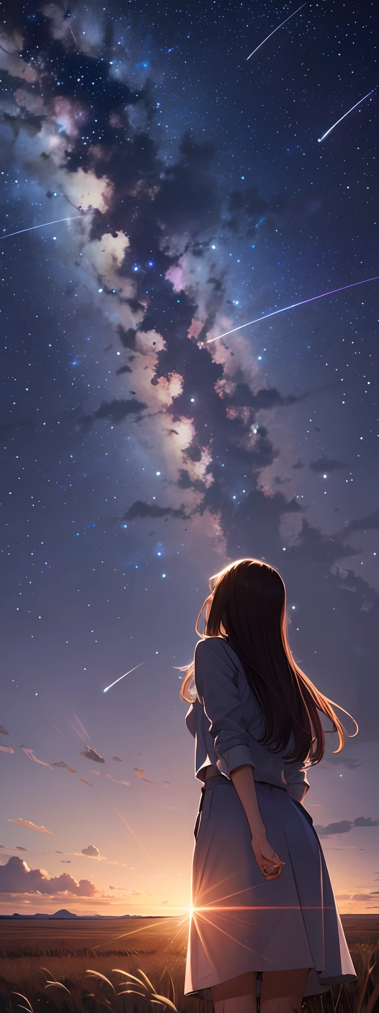 Vast landscape photo, girl standing on prairie looking up at sky, suit, shooting star, firefly, dream