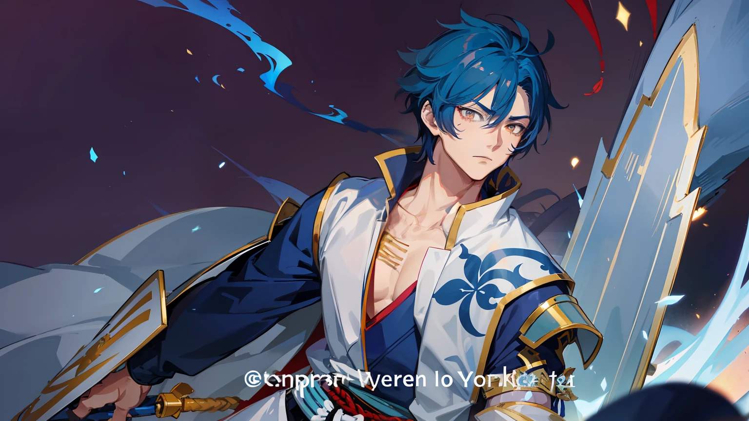 Naotora is a tall, muscular man, with short spiky blue hair like beast ear, and golden eyes. He has a scar on his left cheek.
He wears what looks like a light blue traditional samurai armor with a white cape.