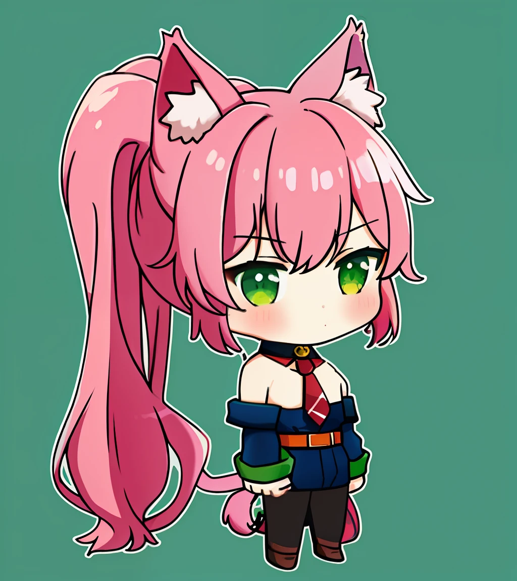 full bodyesbian、(PadoruMeme 1girl)、poneyTail、(校服)、Green One Piece、cat ear、collars、neck tie、neck tie、((blue and green))、Bare shoulders、red blush、Animal ear fluff、Pink hair