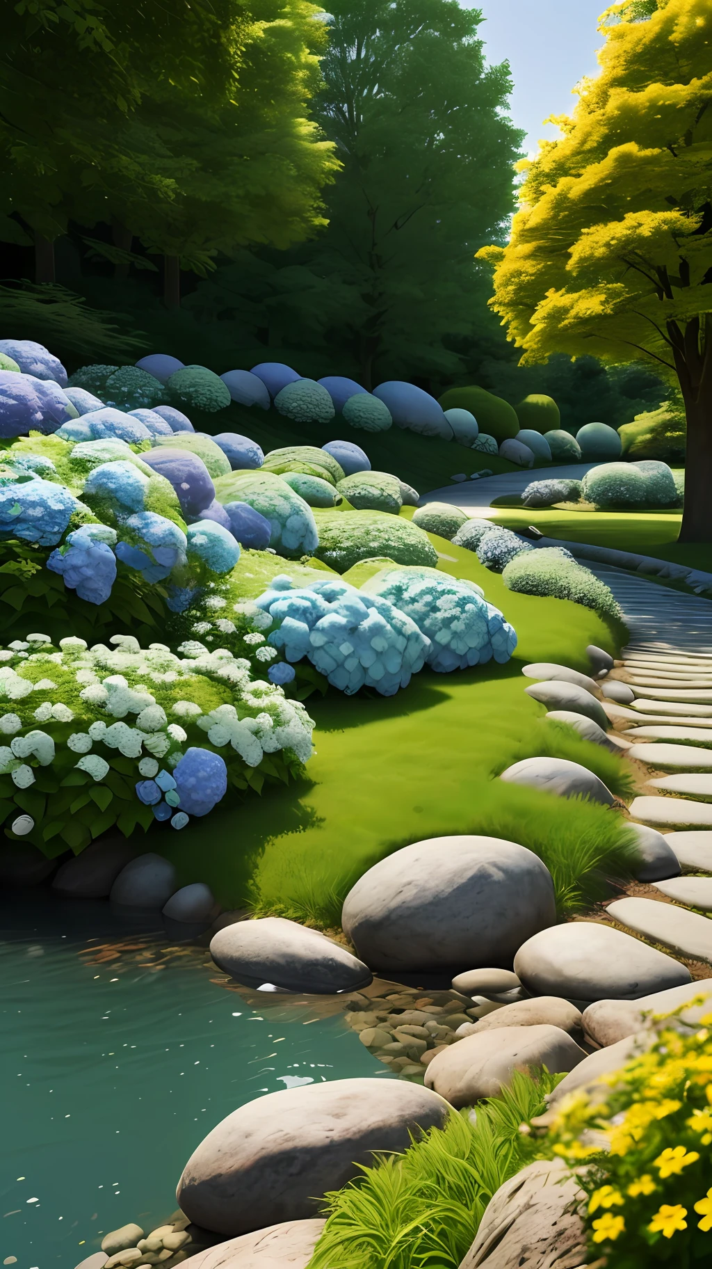 Hydrangeas, park, lake, small hill, pebble path, masterpiece, best quality, anatomically correct, high details, 8K, wallpaper --auto