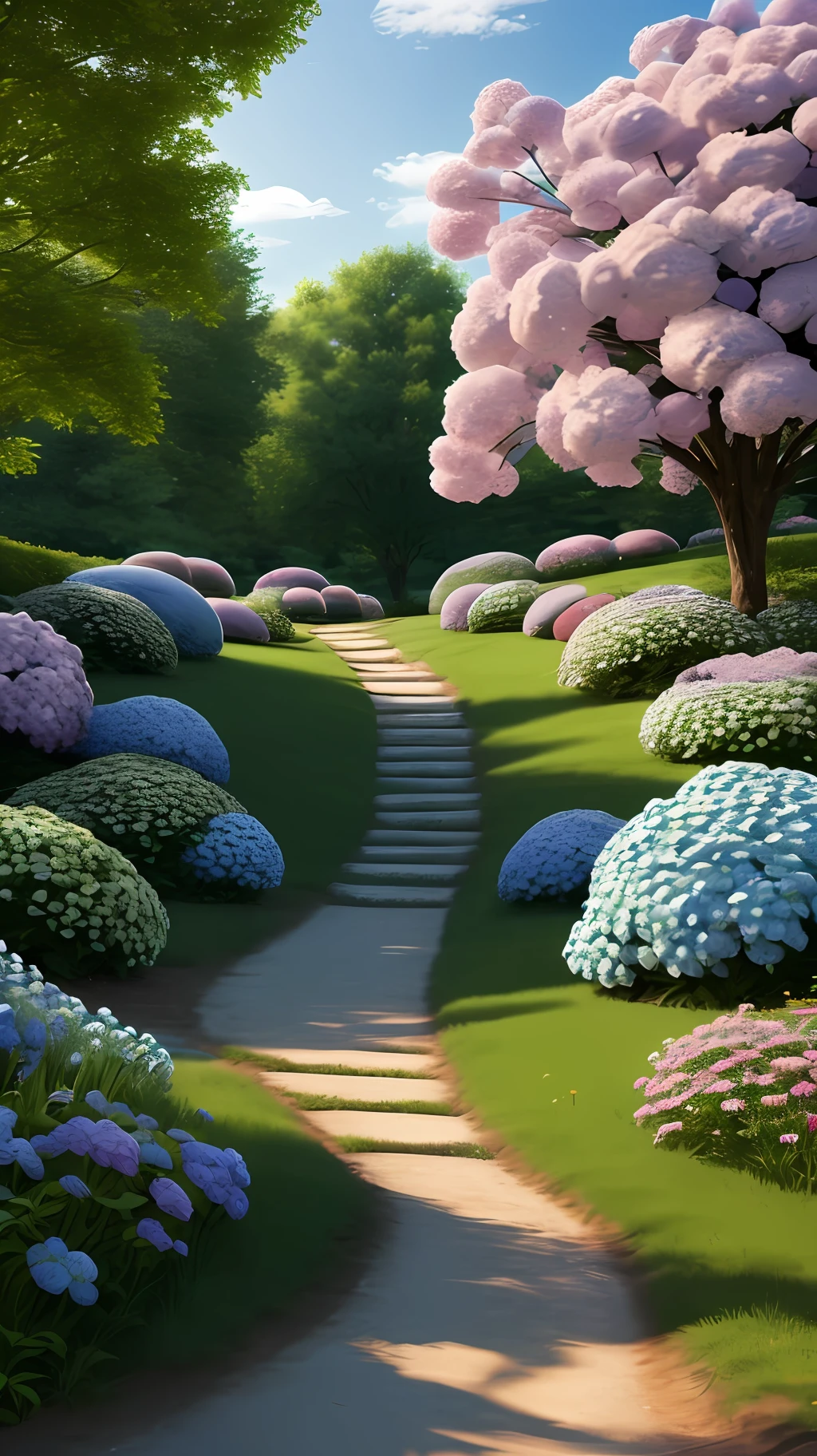 Hydrangeas, park, lake, small hill, pebble path, masterpiece, best quality, anatomically correct, high details, 8K, wallpaper --auto