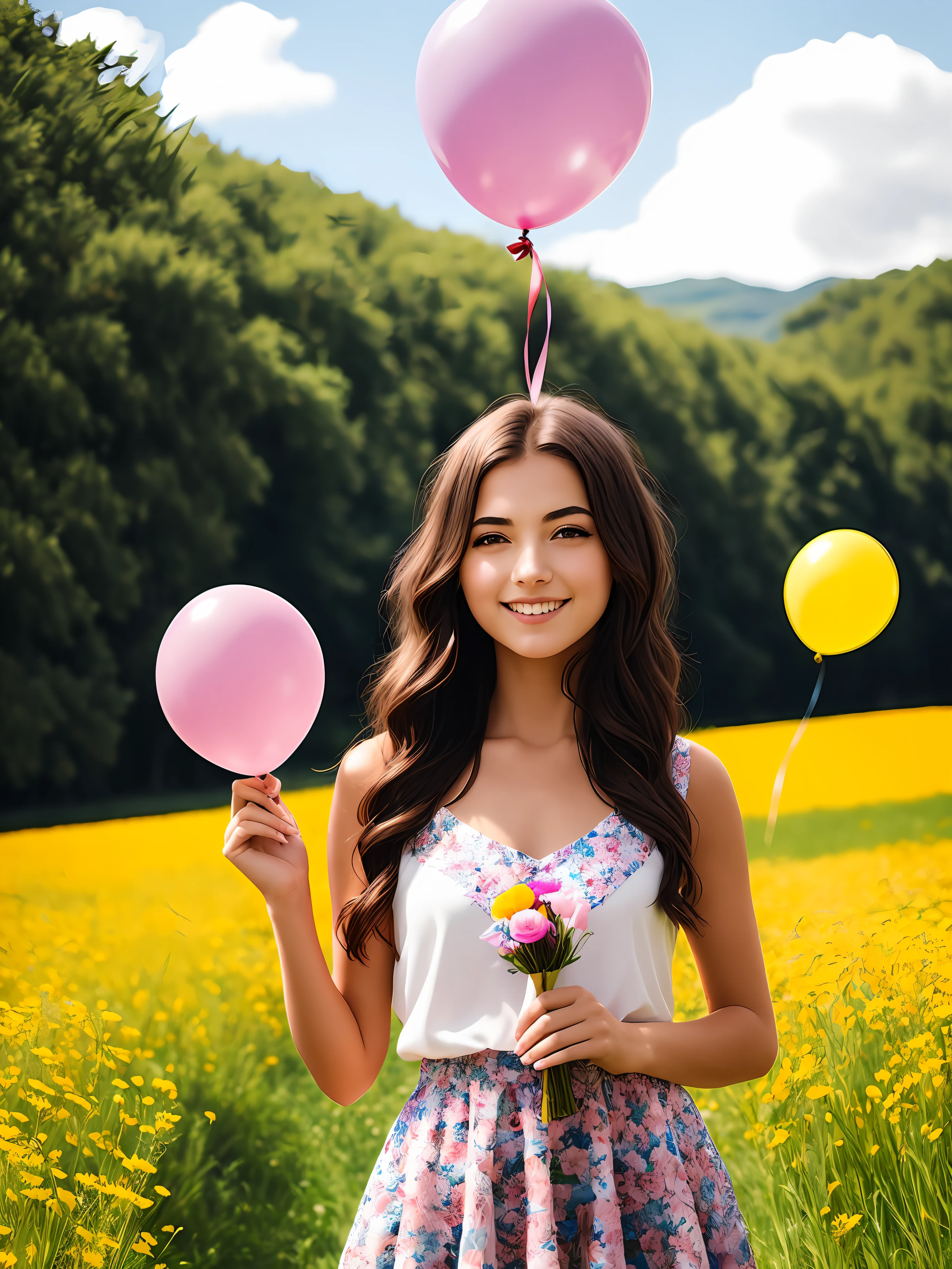 A girl holding flowers, colorful balloons floating in the sky, meadow, dancing, holding flowers, happy, happy, perfect quality, clear focus (clutter-home: 0.8), (masterpiece: 1.2) (Realistic: 1.2) (Bokeh) (Best quality) (Detailed skin: 1.3) (Intricate details) (8K) (Detail Eyes) (Sharp Focus), (Happy)