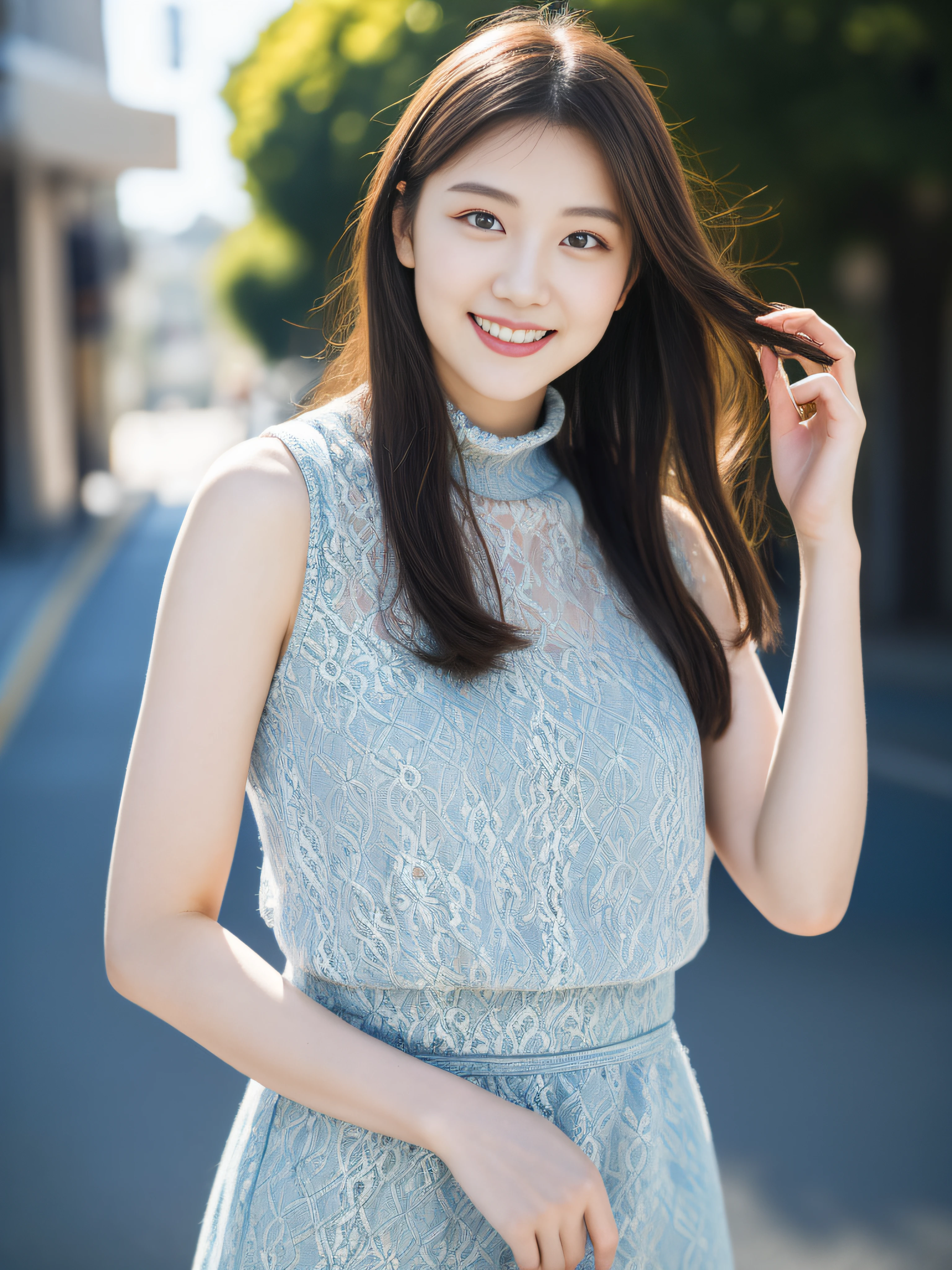 (best quality, masterpiece, hight resolution, high resolution:1.37), (Raw photo:1.2),in 8K, Very detailed image, Beautiful idol woman in Japan posing on street corner in top quality light blue dress、Japanese beautiful actress、女の子 1 a person、(18 years old), (fullbody:1.2)、A slender、with light glowing、blur backgroun、bokeh dof、outside of house、(Street:0.8)、(a person々、Large crowds:1)、(lace-trimmed),doress:1.5、Sleeveless dress、Water-colored suit、Light blue high neck dress:1.2、Blue Dress:1.5)、a gorgeous(short-hair、Forehead:1.2)、Beautiful sky with details、耳Nipple Ring、(dynamicposes:1.2)、 (The upper part of the body:0.8)、Soft lighting、the wind、glowy skin、A smile、Slender face、Round face、fashion model posing, left hand on hips,