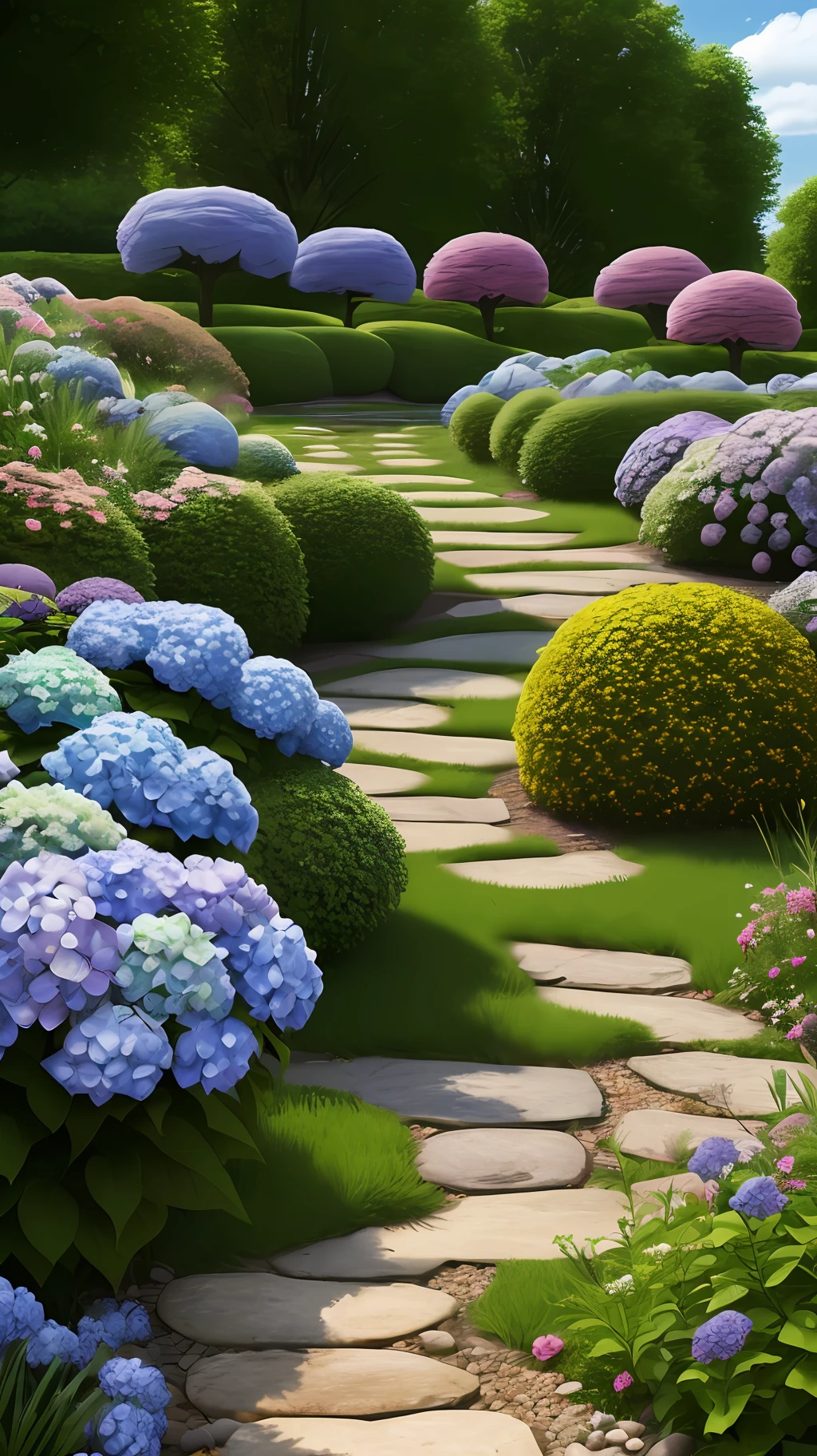 Hydrangeas, park, lake, small hill, pebble path, masterpiece, best quality, anatomically correct, high details, 8K, wallpaper --auto