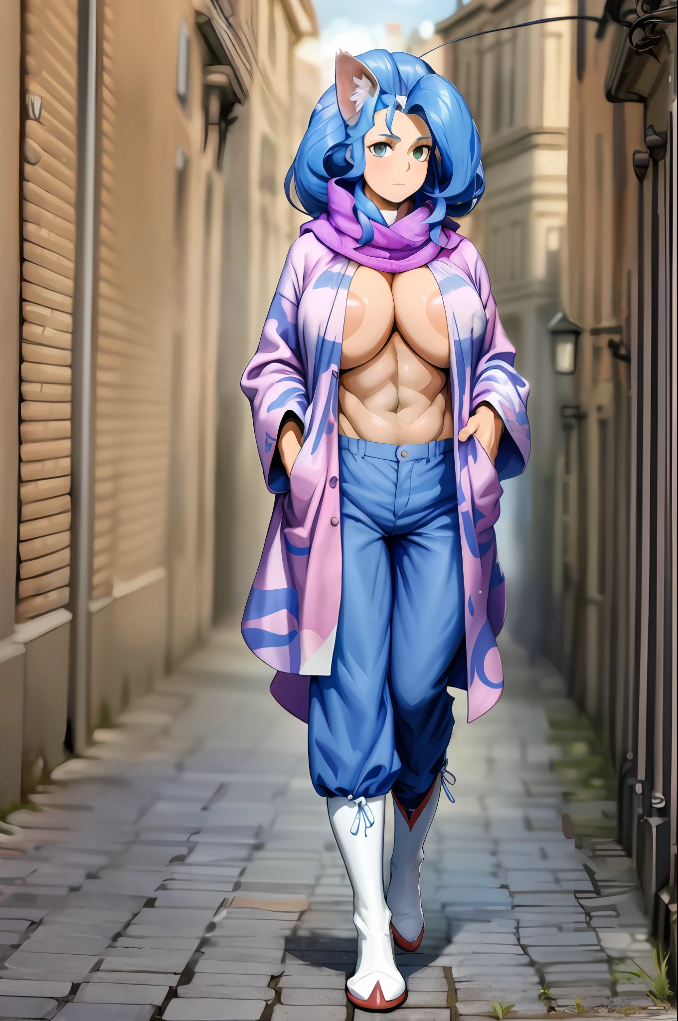 Masterpiece, Best quality, 1fille, blancs,Animal hands ,animal ears, cheveux longs,, marche, kimono, femelle mature, enormous breast, enfant, full clothed, European fabrics, pantalon, Ouest, Bottes, manteau, foulard, polo-shirt coat, smoking, blue hair