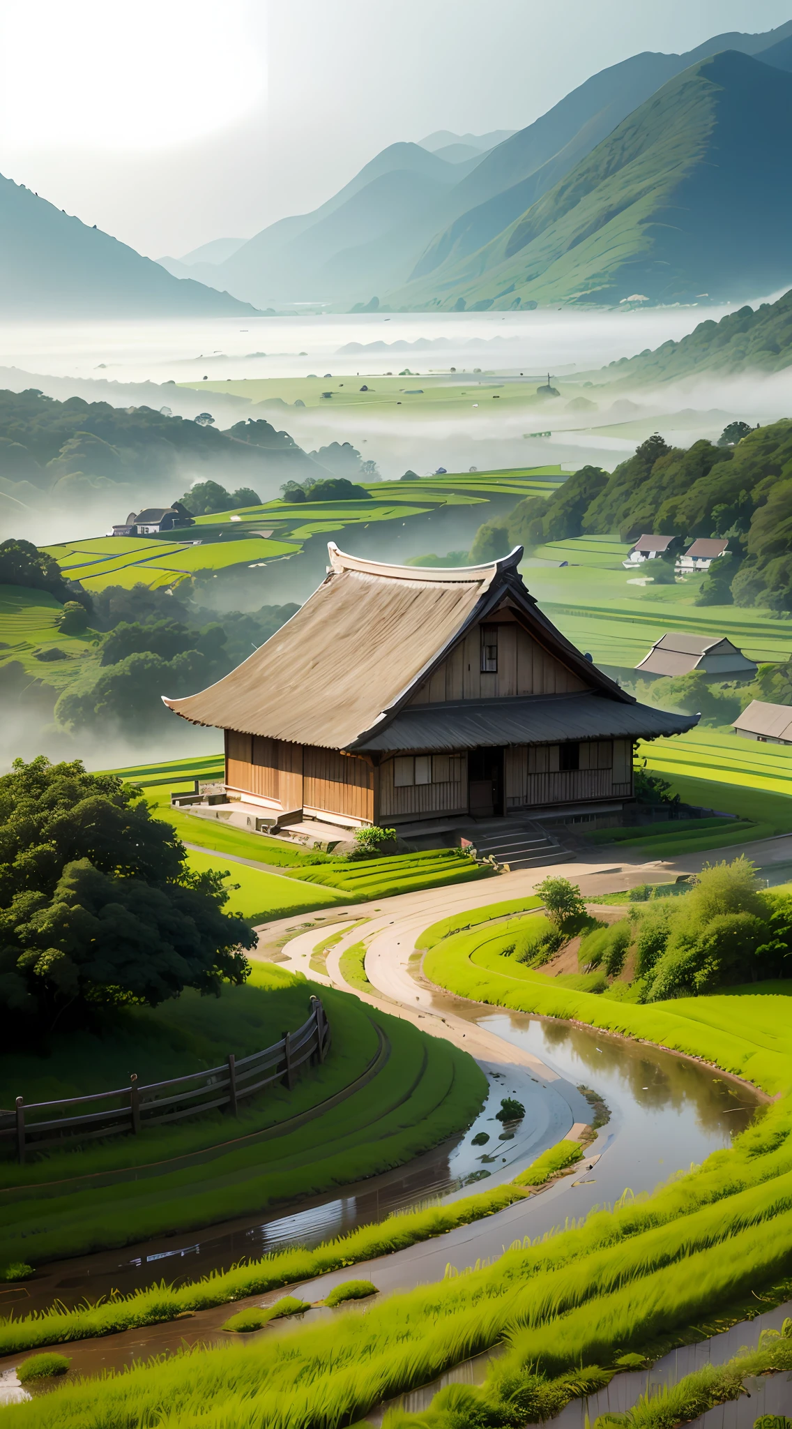 Large expanses of terraced fields, mountains, huts, with rice fields, rice fields, neat rice seedlings in the fields, misty rain, villages, agriculture, in the tranquil landscape, misty weather, in the vast tranquil landscape, in the early morning, in the morning mist, behind a small village, mist, Japanese countryside, thatched roofs --auto --v 6