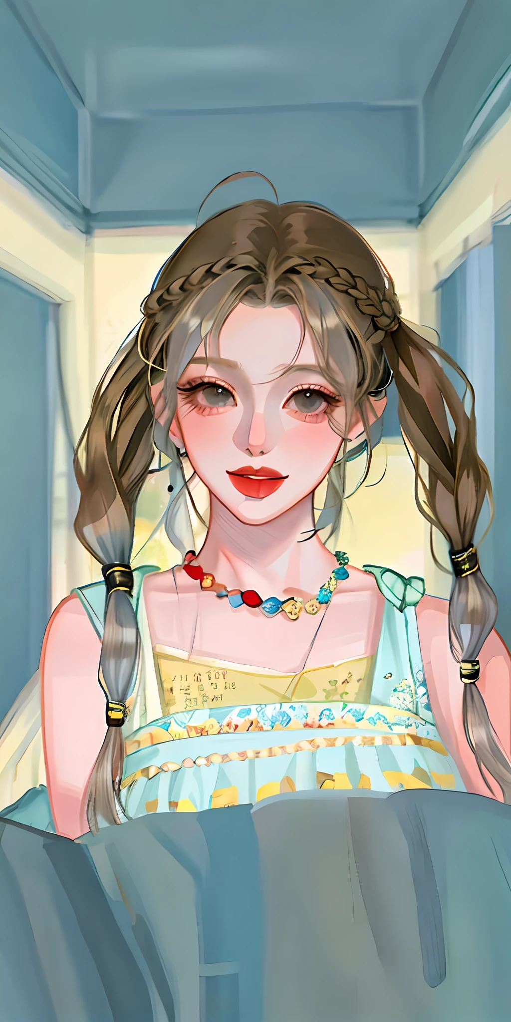 there is a drawing of a woman with a braid in her hair, pigtails, girl with braided pigtails, colored screentone, colorful sketch, hair in pigtails, style of anime, braidedhair, in an anime style, in style of digital illustration, Retro anime girl, Digital drawing, drawn with photoshop, sketchy artstyle, colored sketch, Manhwa Style，I'm too hot，I stick out my tongue，Summer style