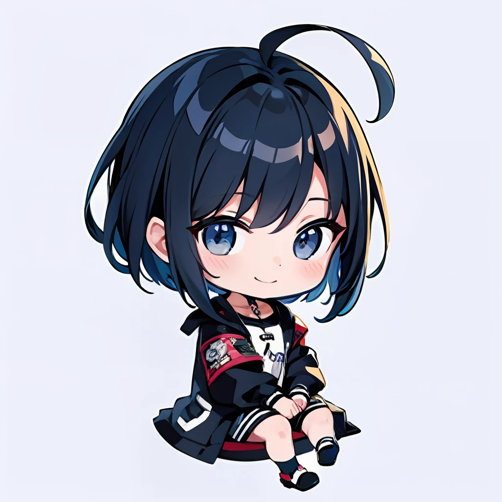 超A high resolution, Best aesthetic, Top quality depiction of the foot, Put on a jacket, Black and blue hair on the back, Flat Avatar, Anime visuals of cute girls, Cute art style, Chibi, Shorthair, Ahoge, is shy, A smile, hair adornments,drawing on paper, simple background, 耳环, jewely, side locks, large oval eyes,