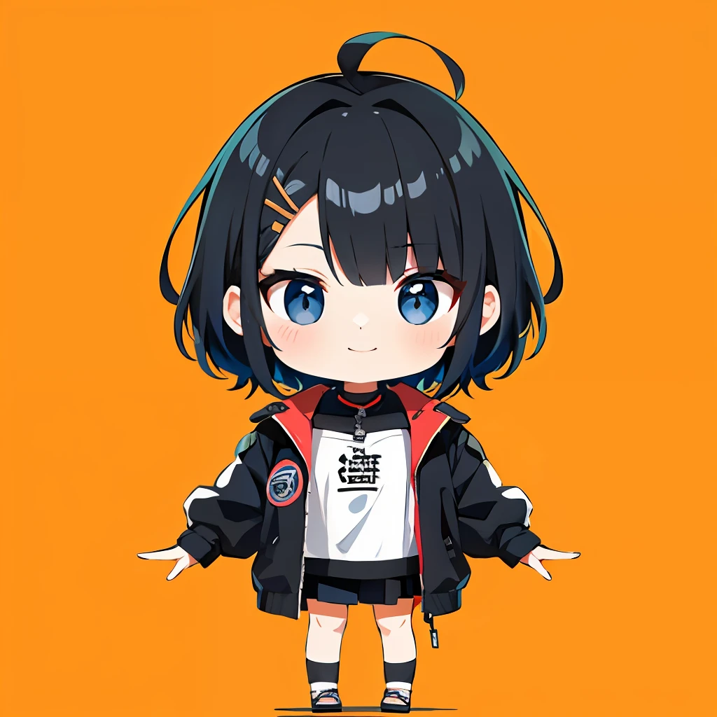 超A high resolution, Best aesthetic, Top quality depiction of the foot, Put on a jacket,  Black and blue hair on the back, Flat Avatar,  Anime visuals of cute girls, Cute art style, Chibi,  Shorthair, Ahoge, is shy, A smile, hair adornments,drawing on paper,  simple background, 耳环, jewely, side locks, large oval eyes,