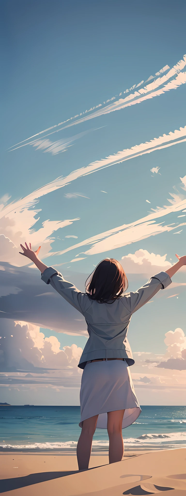 Vast landscape photo, girl standing on sandy beach looking up at sky, suit, stretching back, clouds, sea, blue sky, from below,