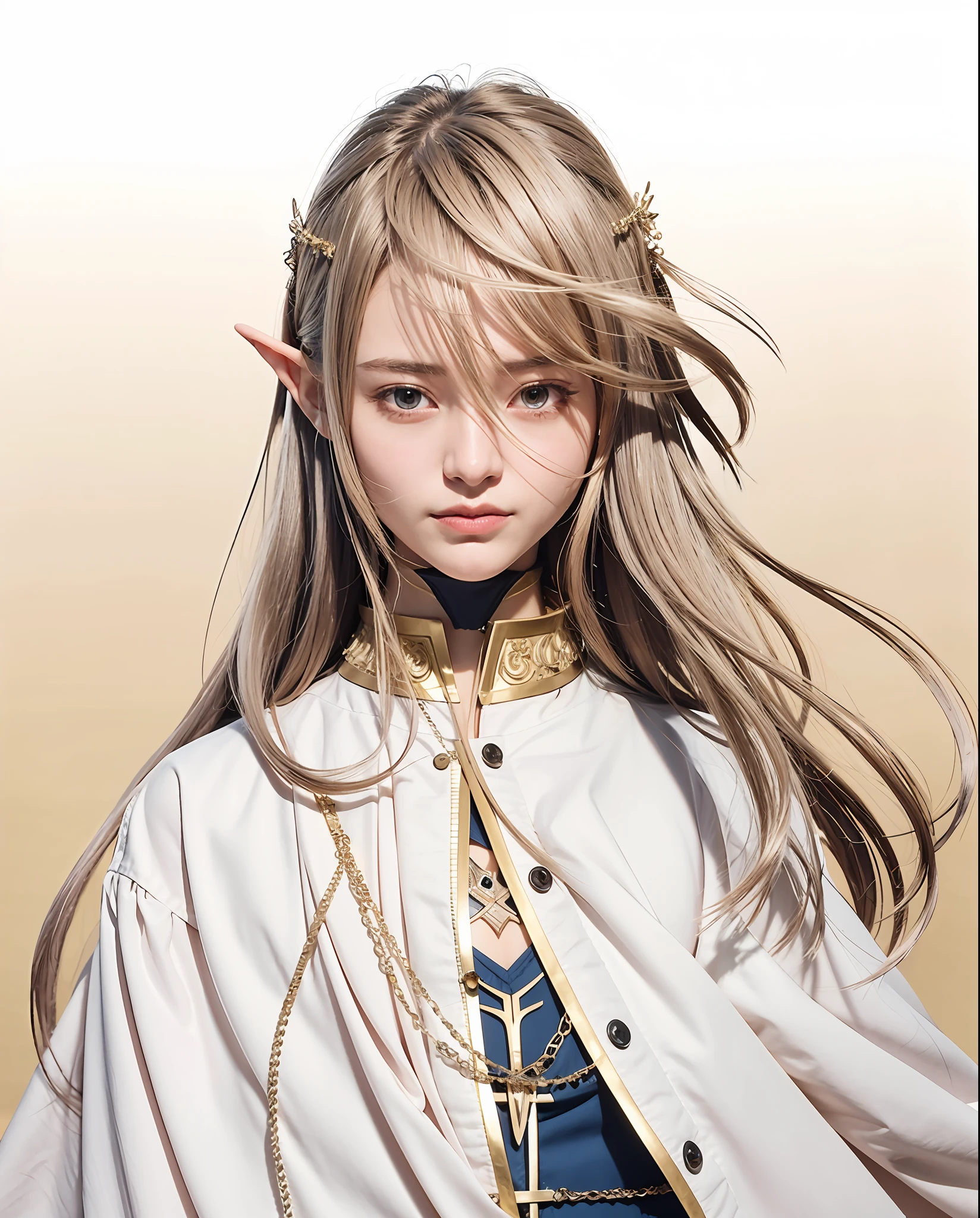 a close up of a person with long hair wearing a white jacket, portrait knights of zodiac girl, she has elf ears and gold eyes, delicate androgynous prince, beautiful androgynous prince, keqing from genshin impact, elven character with smirk, anime character, discord pfp, alluring elf princess knight, young half elf wizard, official character art, realistic, Ultra detail
