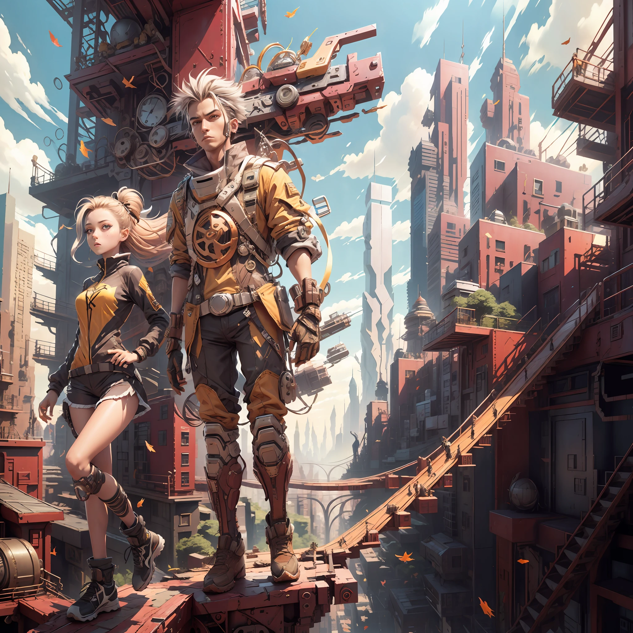 A pair of axis runner sneakers fall from the sky diagonally above new york in 2050.