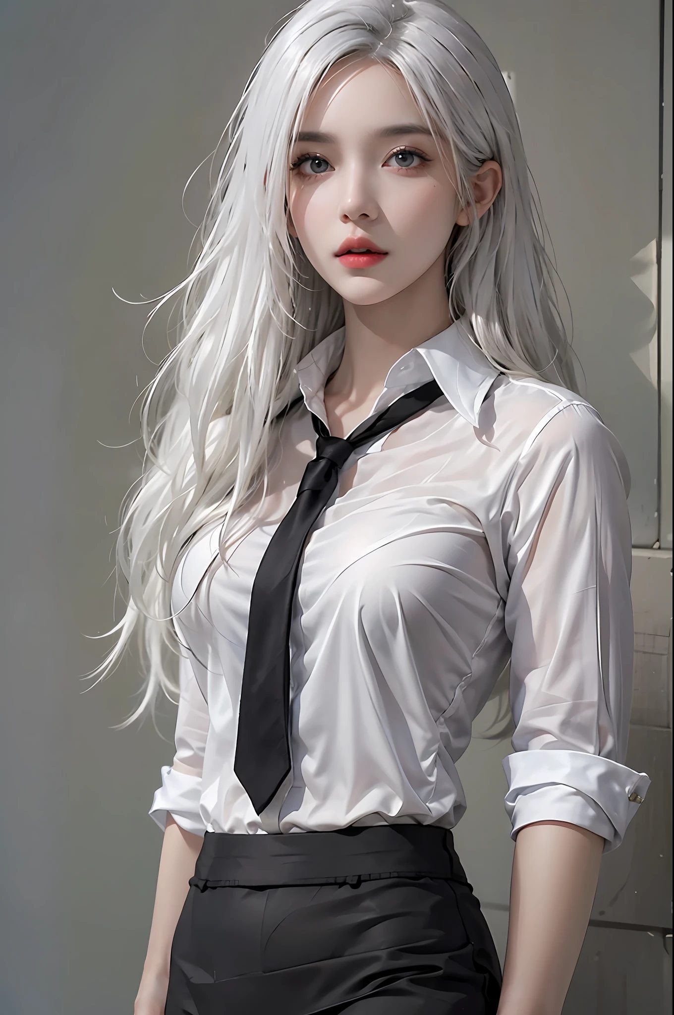 photorealistic, high resolution, 1 woman, ???? up, beautiful eyes, white hair, long hair, ringed eyes, collared shirt, black necktie,black skirt, pencil skirt