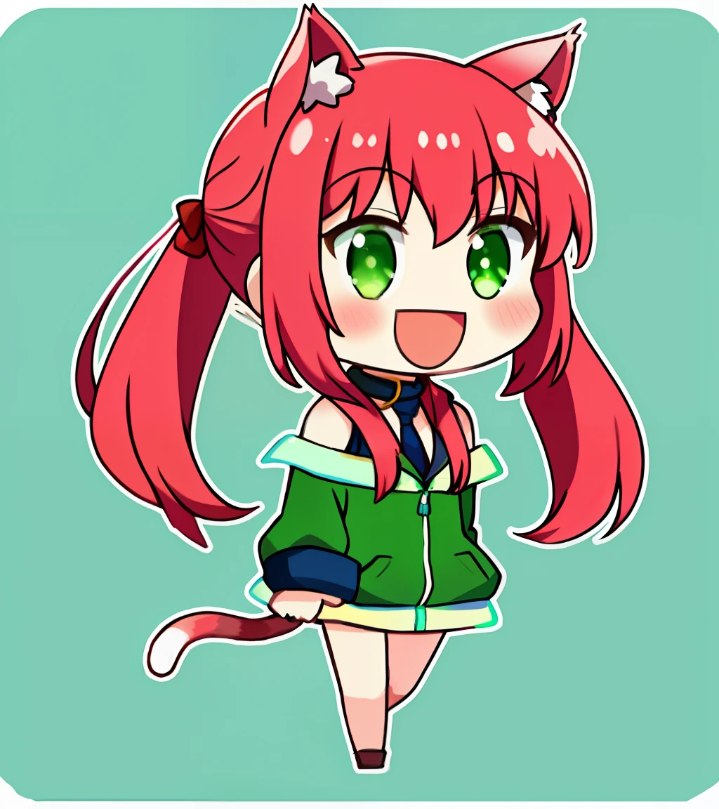 full body Esbian、(PadoruMeme 1girl)、poneyTail、(校服)、green onepiece、Cat's ears、collars、neck tie、neck tie、((blue and green))、Bare shoulders、red blush、Pink hair、great laughter、a smile、