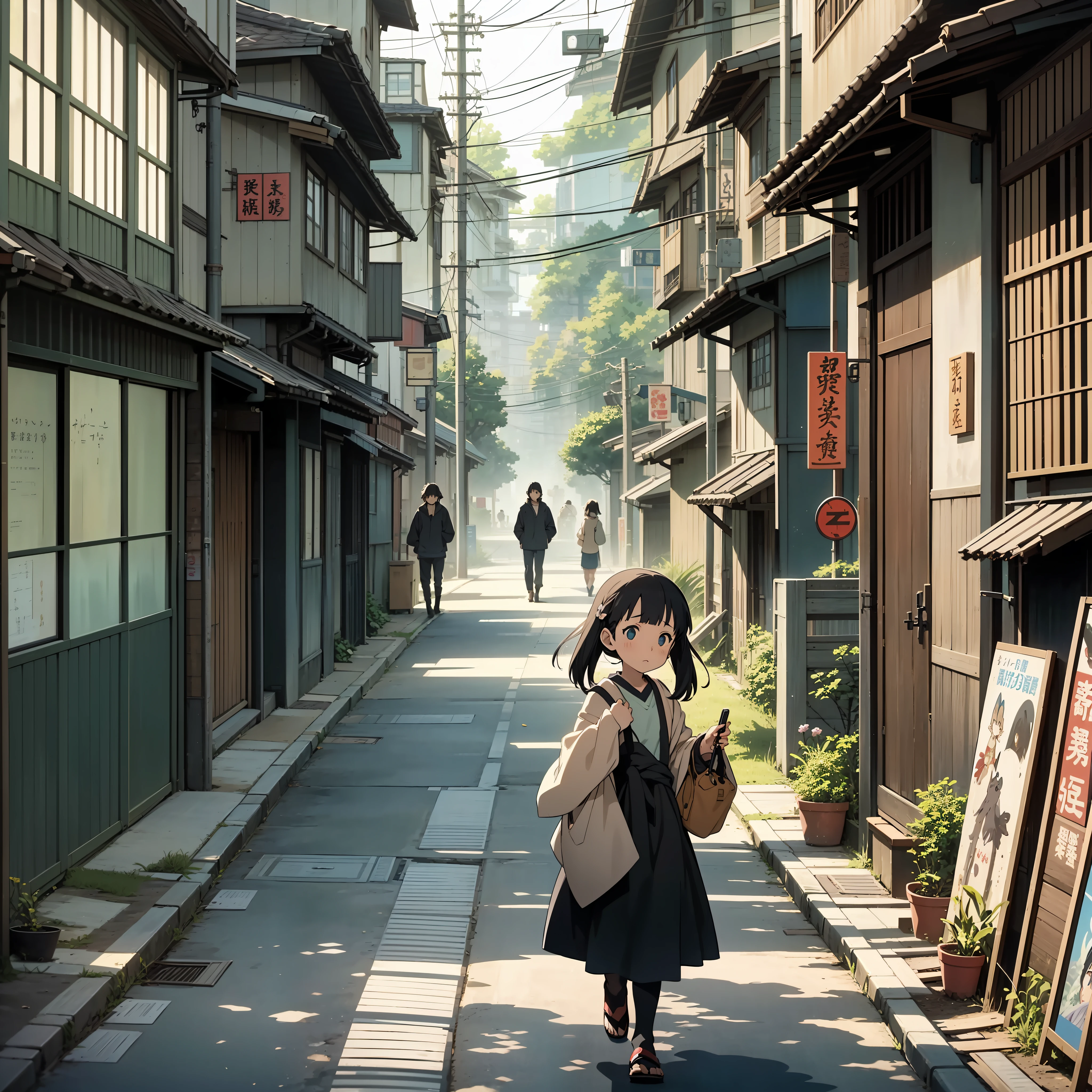 a close up of a person standing in front of a building, poster art by Miyazaki, pixiv, so saku hanga, spirited away, miyazaki's anim ated film, ghibli spirited away vibe, miyaza ki film, anime movie poster, miyazaki movi e, in the studio ghibli anime film, studio ghibli movie, spirited