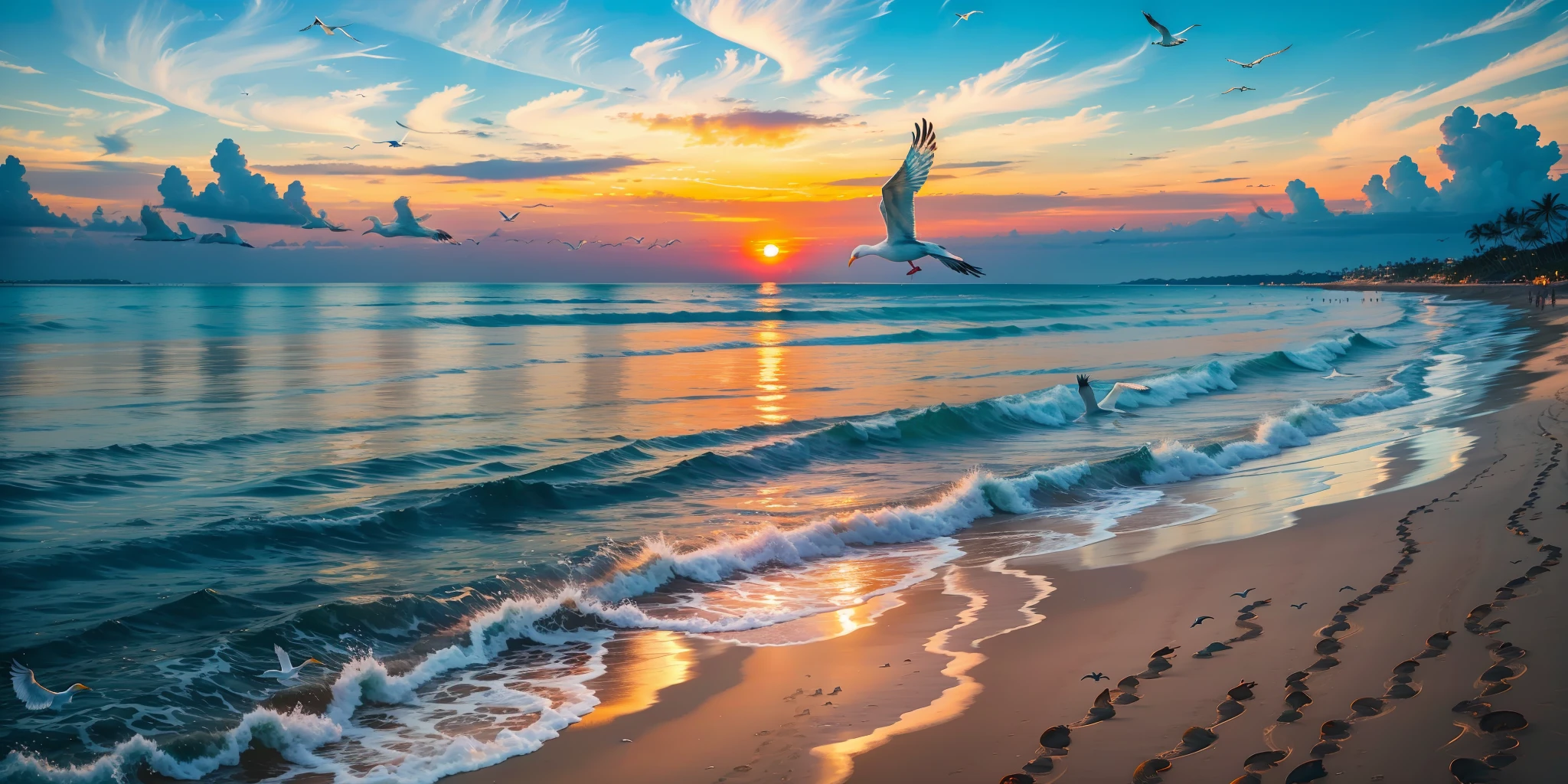 Absolutely mesmerizing sunset on the beach,The sky is mixed with orange、Pink and yellow。The sea is crystal clear,Lots of colorful shells,Kissing the shore tenderly,The white sand stretches as far as the eye can see。The scene is full of movement,breath-taking,Seagulls soar high in the sky,Palm trees sway gently。Soak up the calm atmosphere,Let tranquility envelop you。