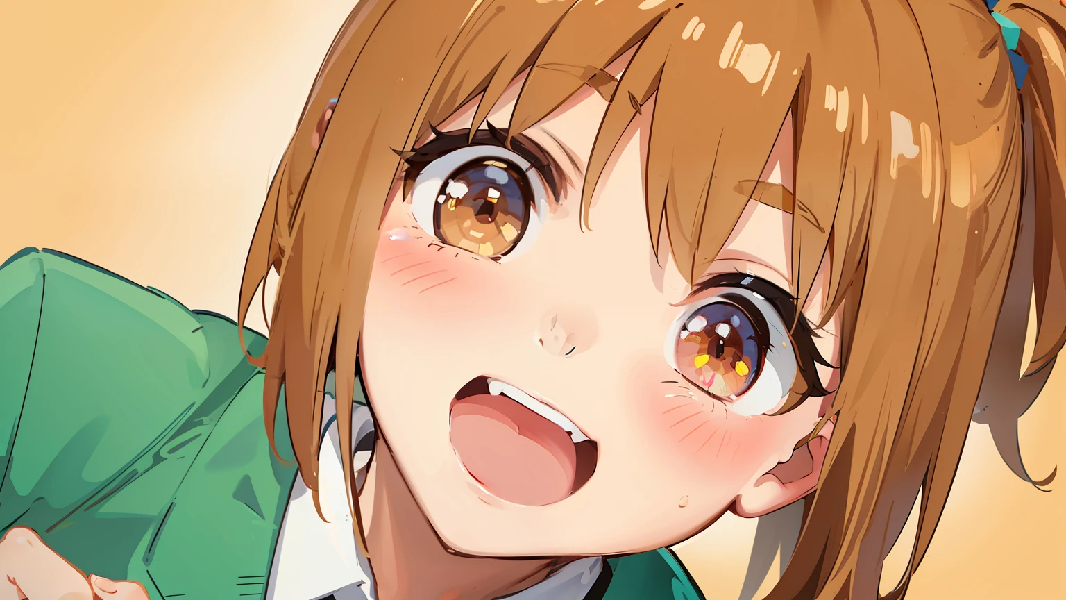 16 year-old high school girl with shoulder-length brown hair that is tied in a small ponytail at the back.