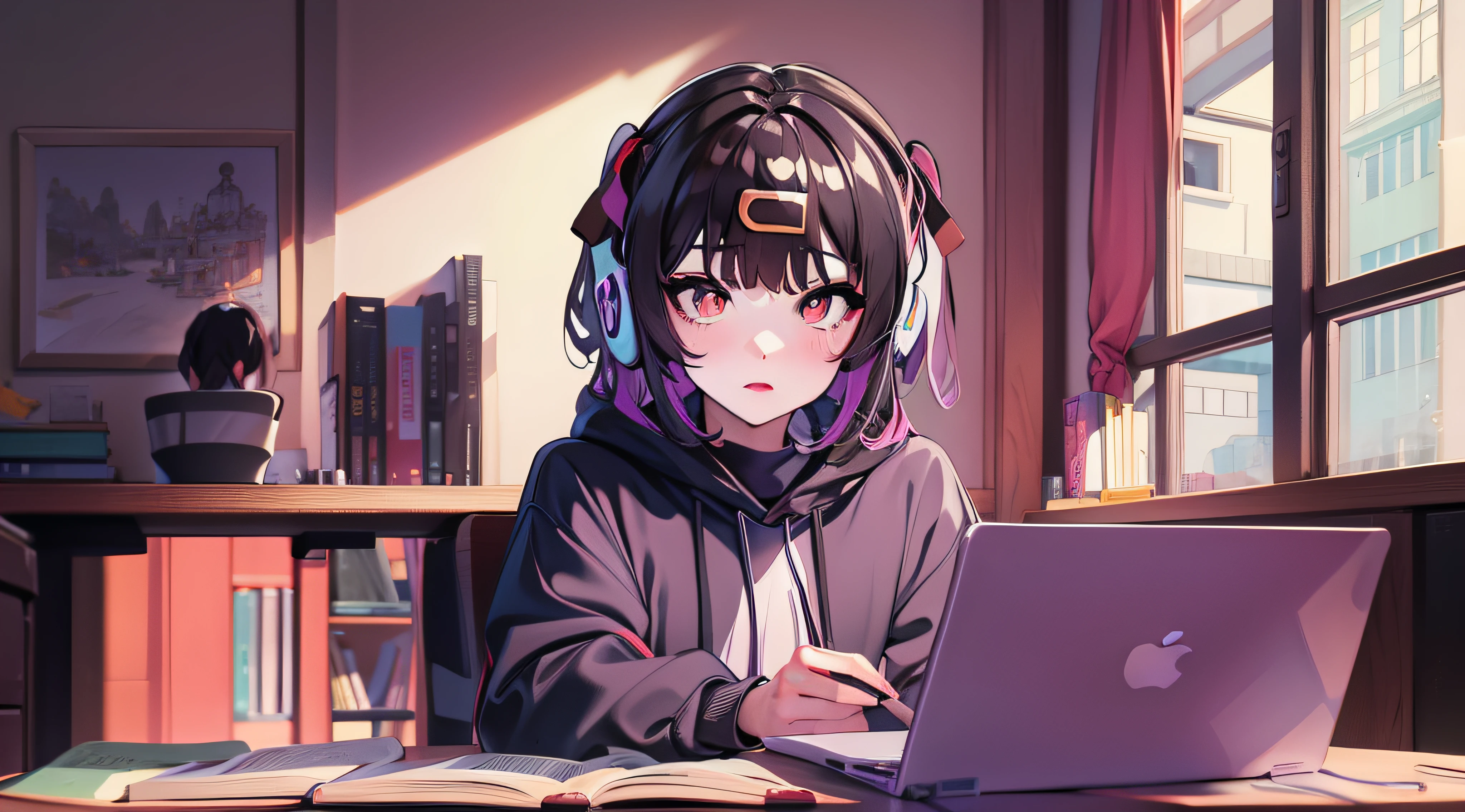 ****** anime sentado em uma mesa com fones de ouvido e um laptop, livros ao lado, ****** lofi, Digital anime illustration, Retrato Lofi, estilo anime 4K, anime moe artstyle, Elogio Artstyle, estilo anime. 8k, estilo anime moderno, arte de anime digital, Ilya Kuvshinov. 4 mil, arte anime de alta qualidade, Arte Lofi, estudo, livros