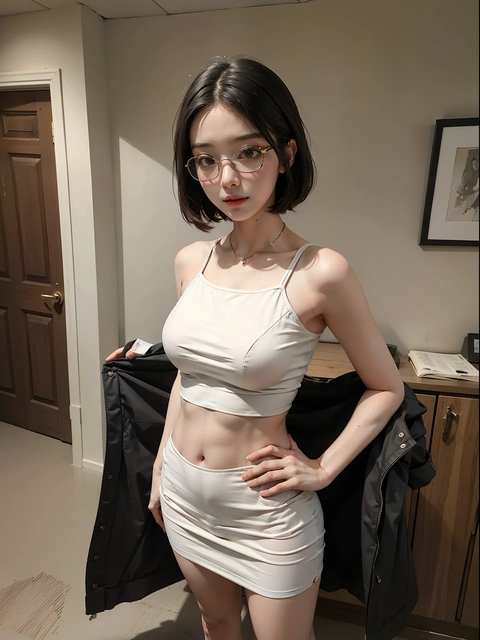 Best quality, full body portrait, delicate face, 18 year old girl, slim figure, medium bust, sarada oitfit,e, standing tall,glasses