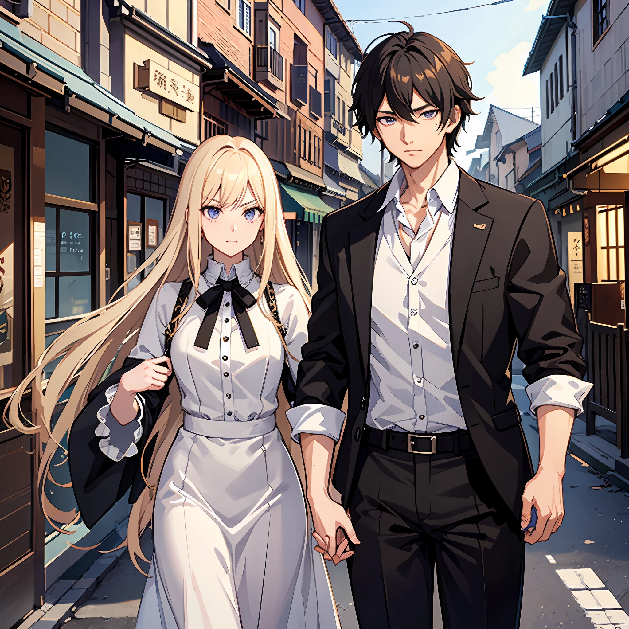 A mature woman with long fluffy blonde hair and an anime boy with short black hair,inspirado em Okumura Masanobu,In quaint streets,Hold hands,Angry, Scowl, raised eyebrow, distraught,Ultra-detailed CG,Exquisite facial features,Clear facial expressions,Detailed digital anime art,Digital anime art,High quality anime art style