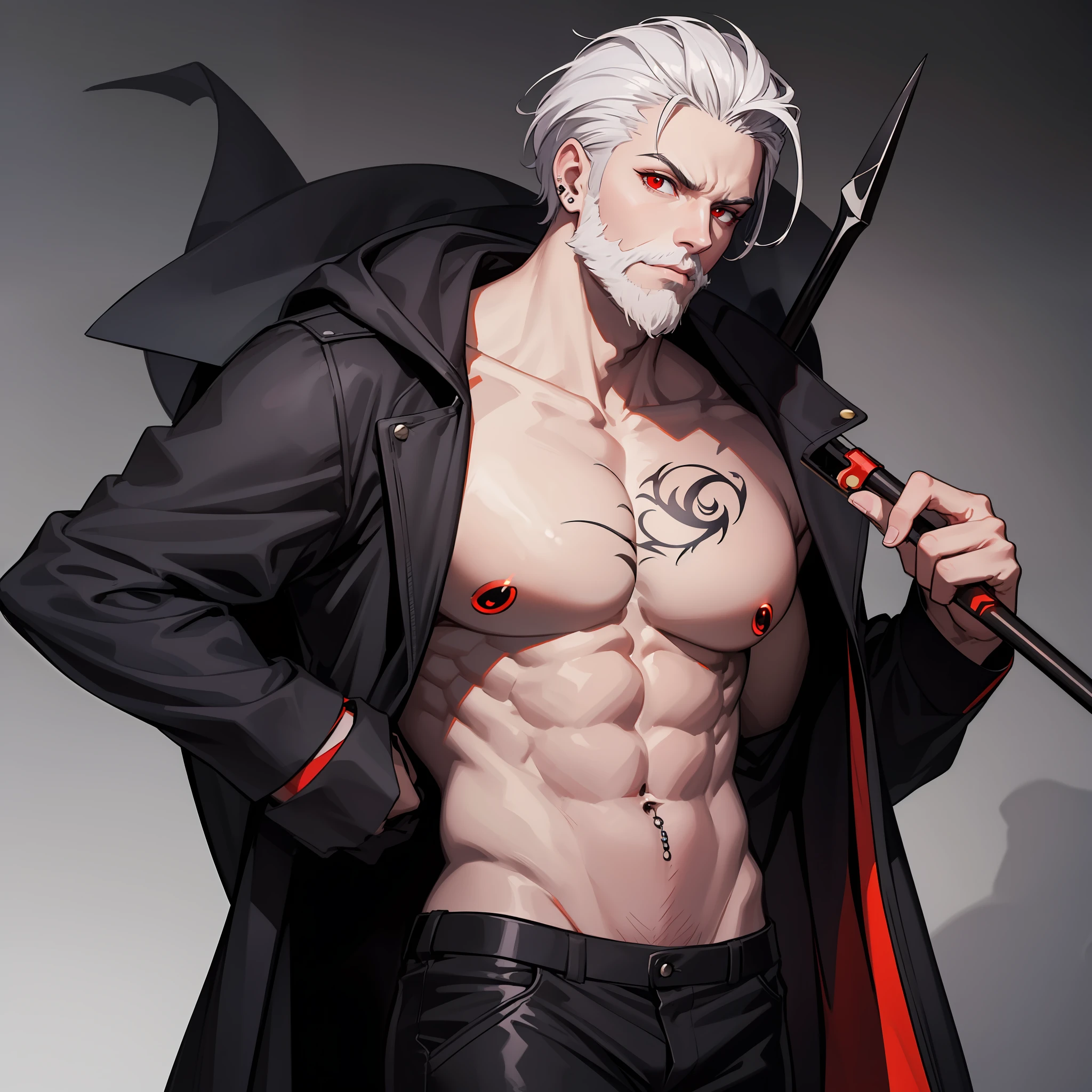 A tall and imposing grim reaper with short, slicked back white hair, a perfectly groomed beard, and piercing red eyes. He exudes confidence and carries himself with a sly and mysterious aura.