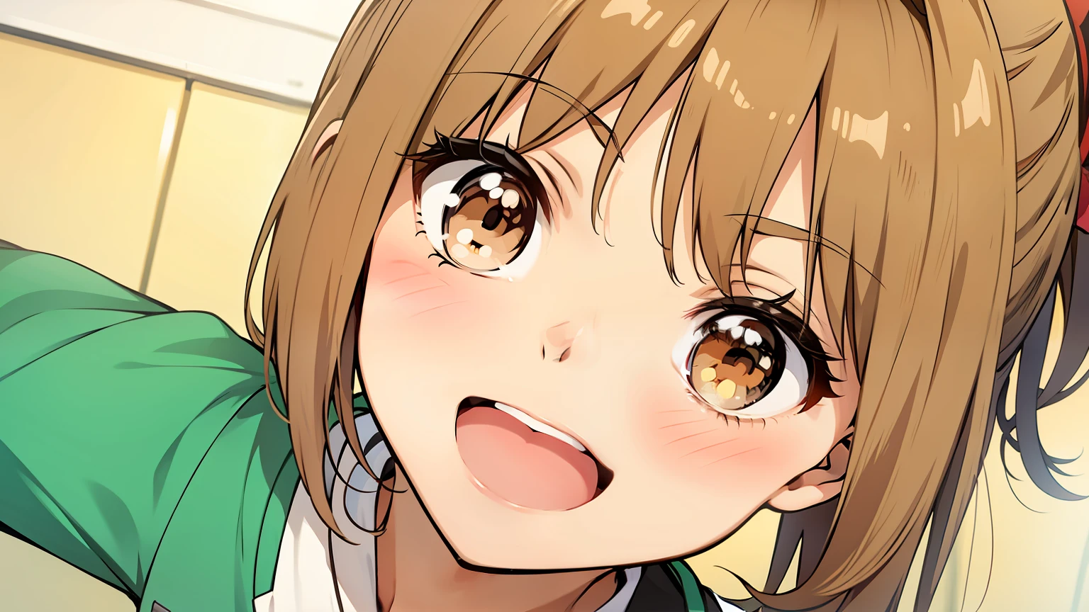 16 year-old high school girl with shoulder-length brown hair that is tied in a small ponytail at the back.