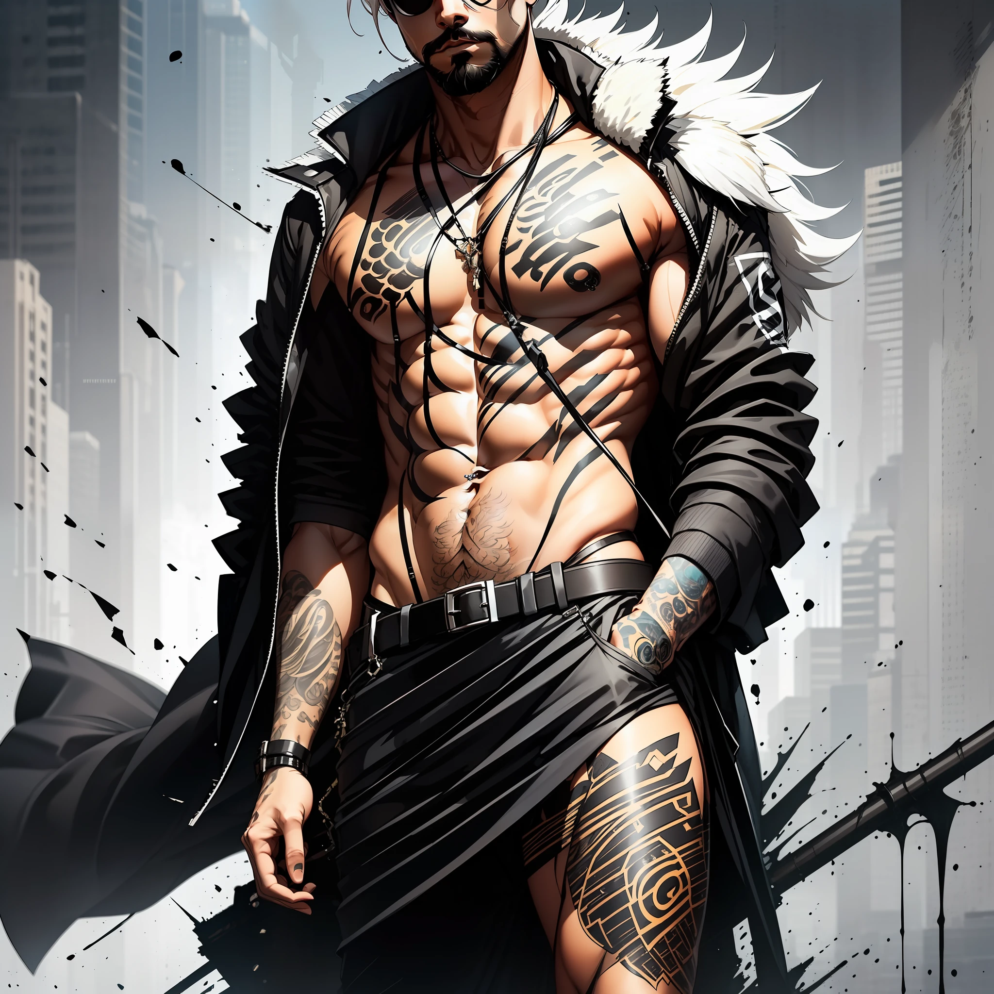 A tall and imposing grim reaper with short, slicked back white hair, a perfectly groomed beard, and piercing red eyes. He exudes confidence and carries himself with a sly and mysterious aura.